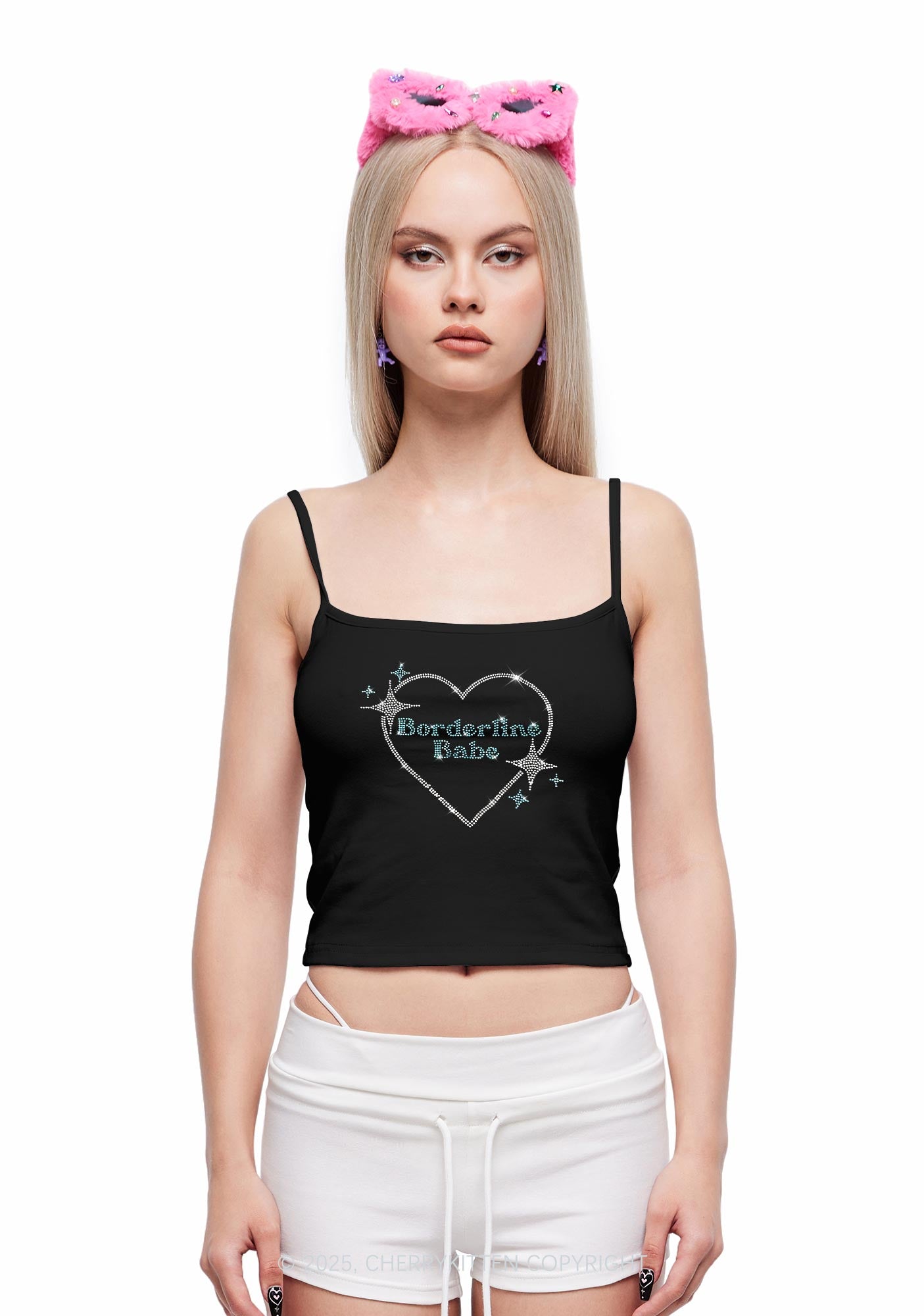 Rhinestone Borderline Personality Babe Y2K Spaghetti Strap Cami Cherrykitten