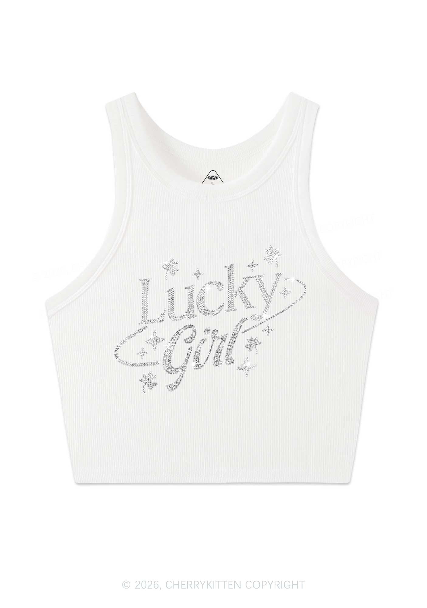 Rhinestone Lucky Girl St Patricks Y2K Crop Tank Top Cherrykitten