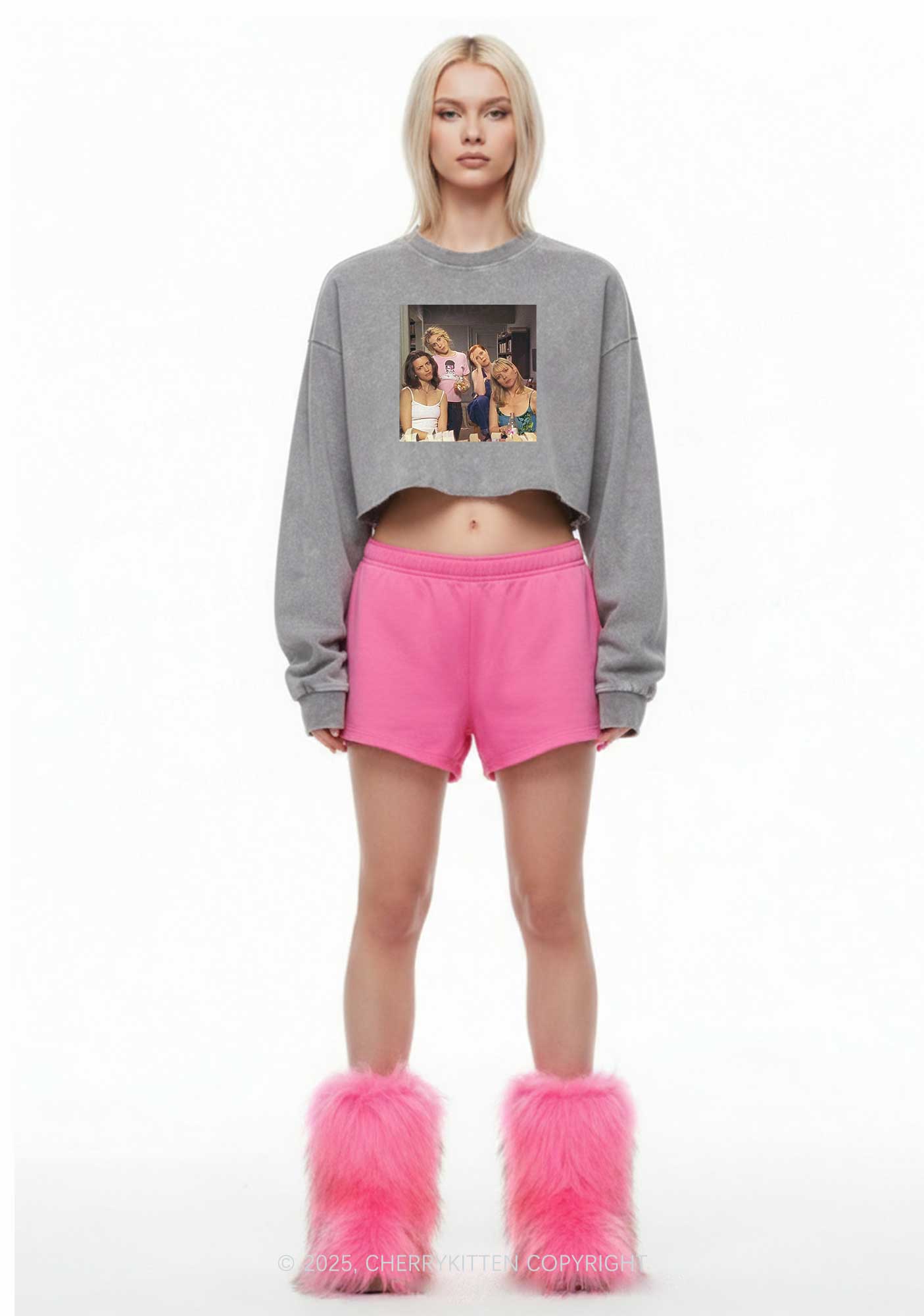 Girl Puzzled Y2K Crop Washed Sweatshirts Cherrykitten