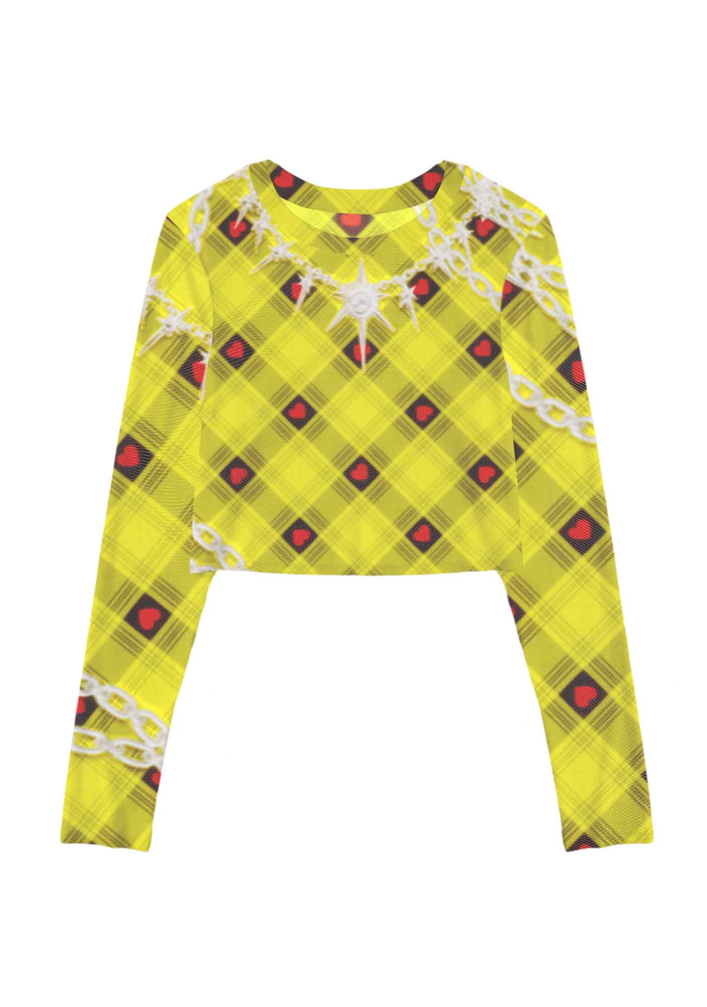 Star Chain and Hearts Y2K Mesh Long Sleeve Crop Top Cherrykitten