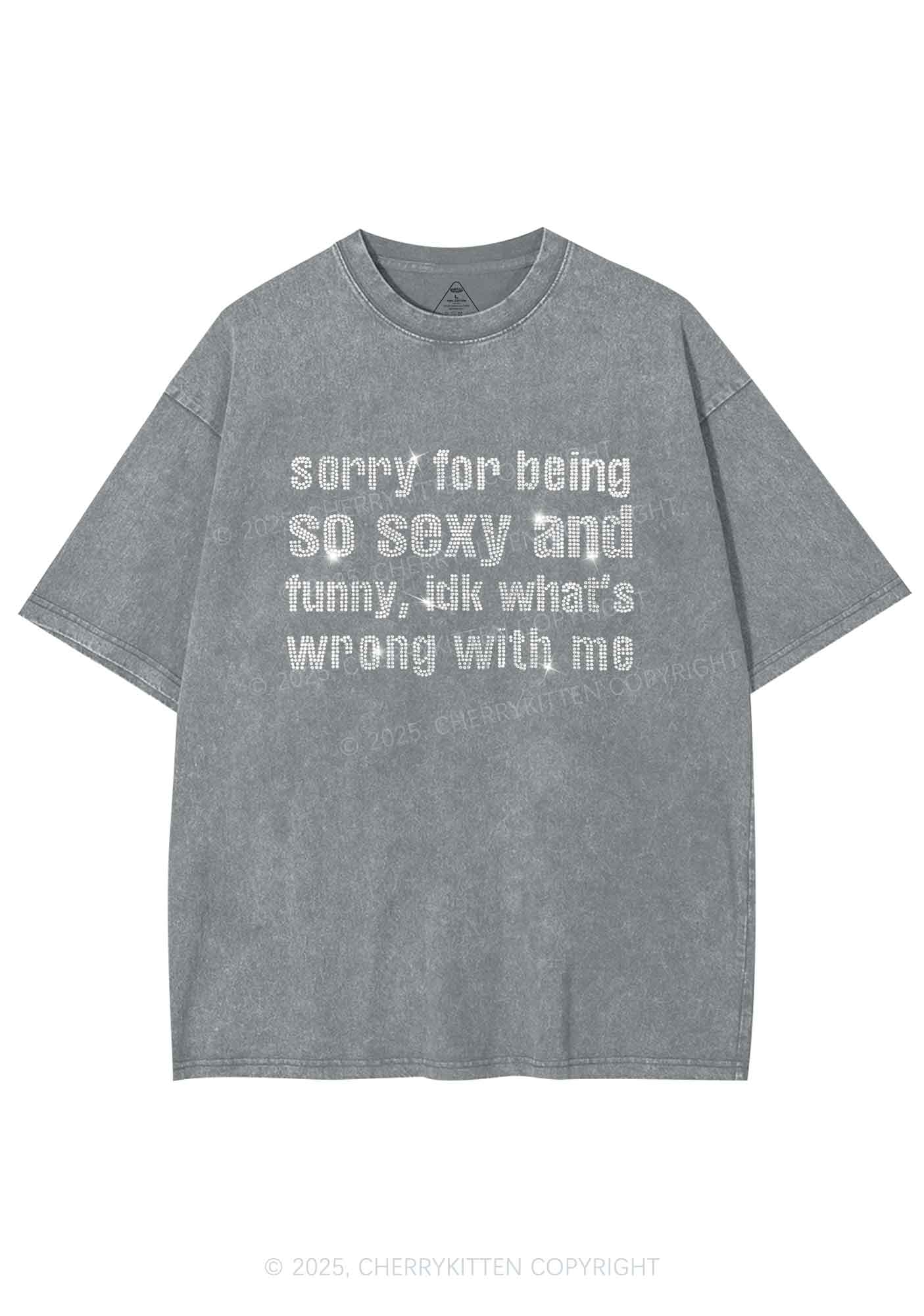 Rhinestone Sorry For Being So Funny Y2K Shirts Washed Tee Cherrykitten