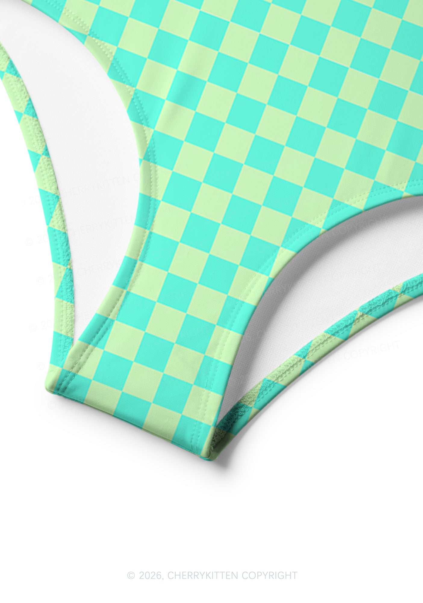 Mint Green Checkered Y2K Print Bikini Set Cherrykitten