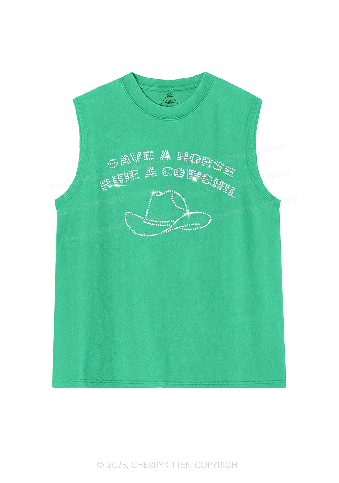 Rhinestone Save Horse Ride Cowgirl Y2K Washed Muscle Tank Cherrykitten