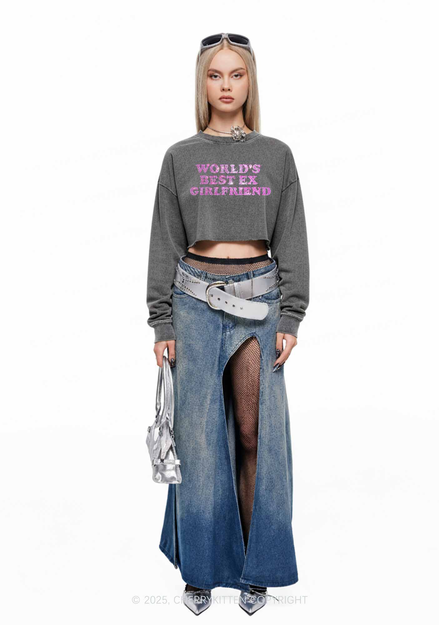 Rhinestone Best Ex Girlfriend Y2K Crop Washed Sweatshirts Cherrykitten