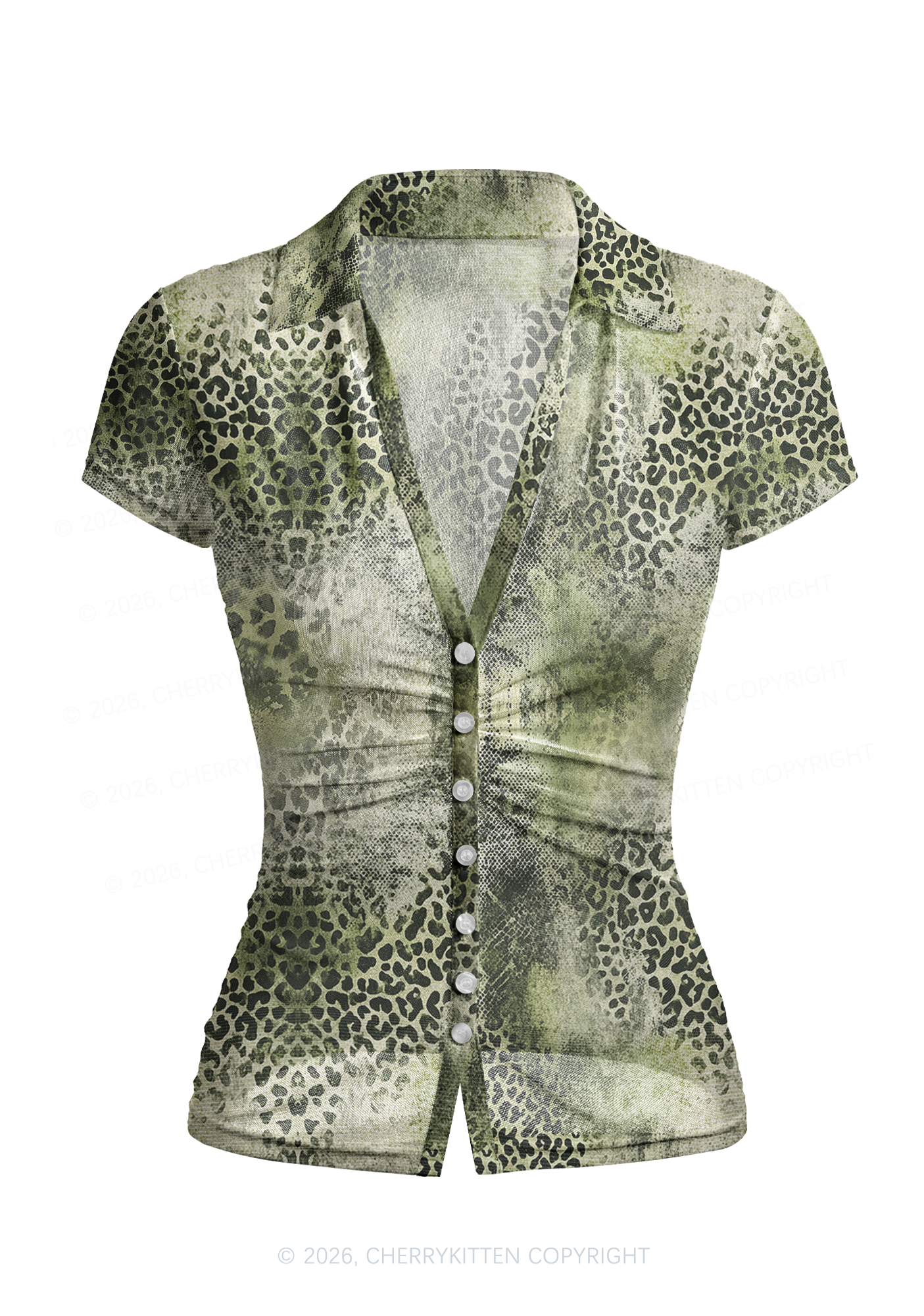 Green Leopard Y2K Mesh Ruched Waist V Neck Top Cherrykitten