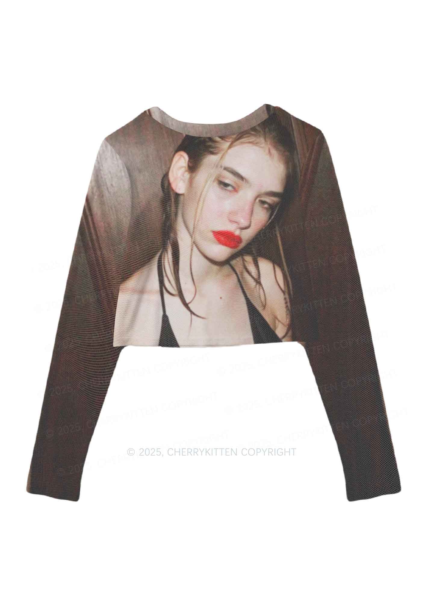 Custom Personalized Photo Y2K Mesh Long Sleeve Crop Top Cherrykitten