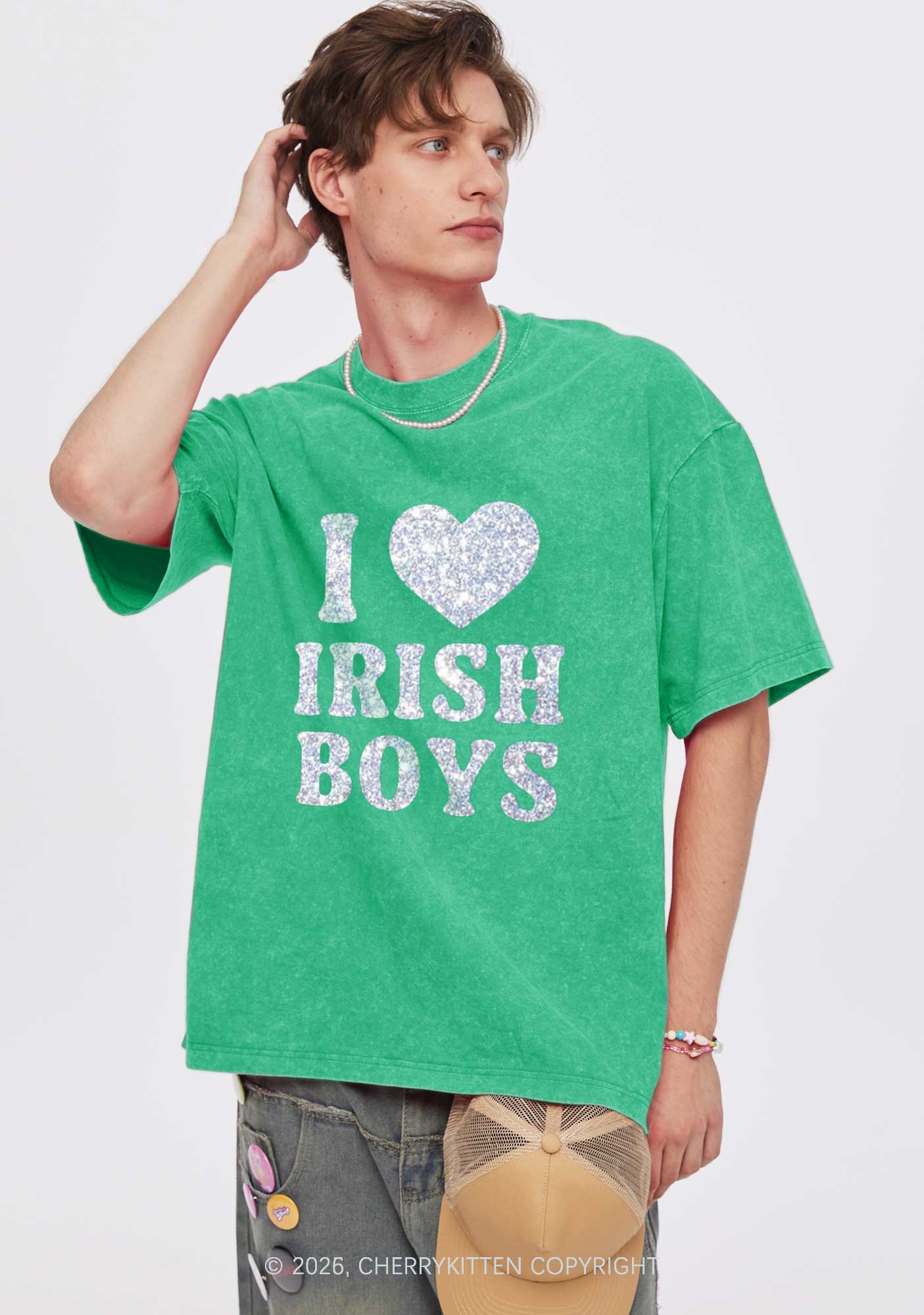Glitter I Love Irish Boys St Patricks Y2K Shirts Washed Tee Cherrykitten