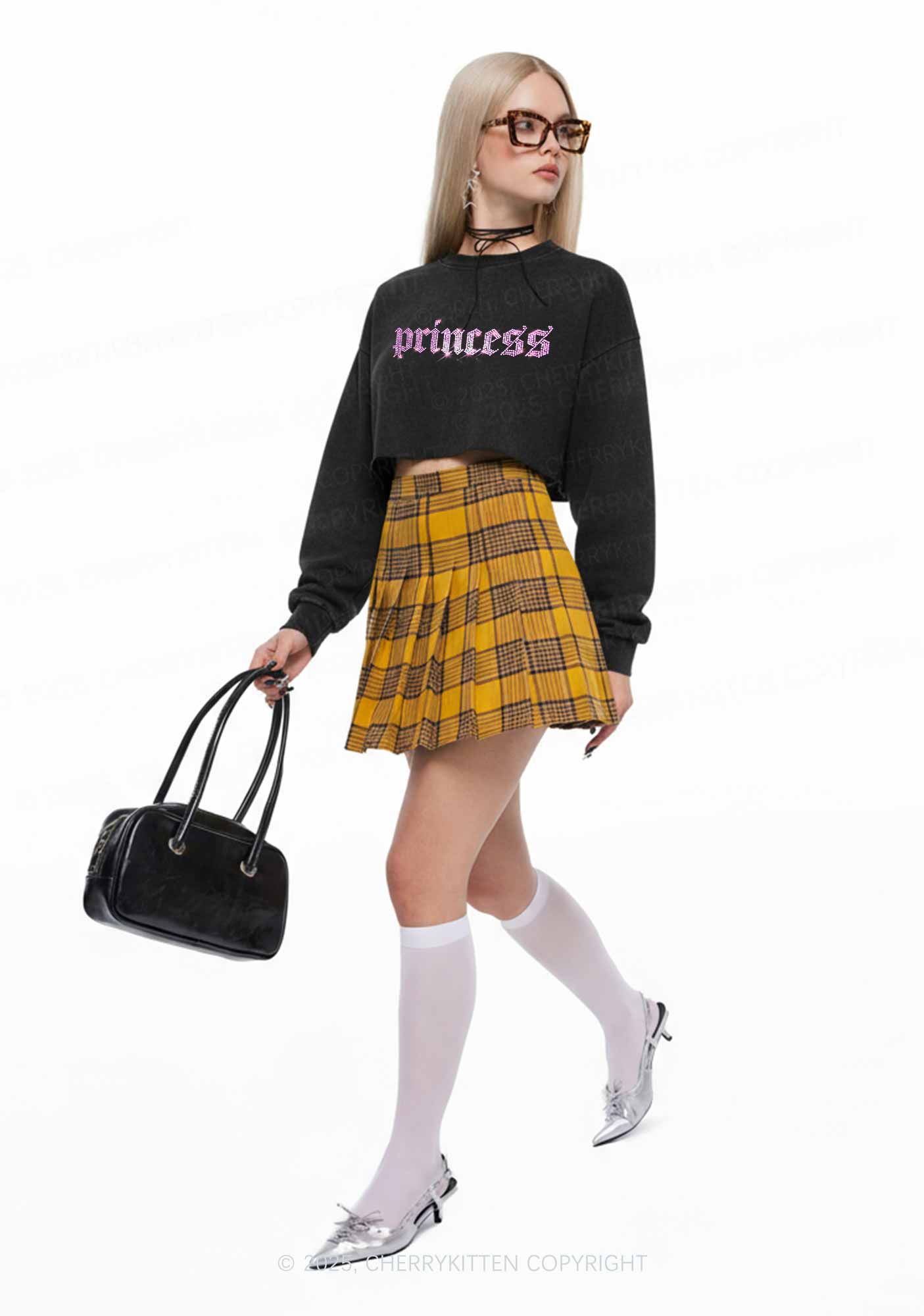 Rhinestone Princess Y2K Crop Washed Sweatshirts Cherrykitten