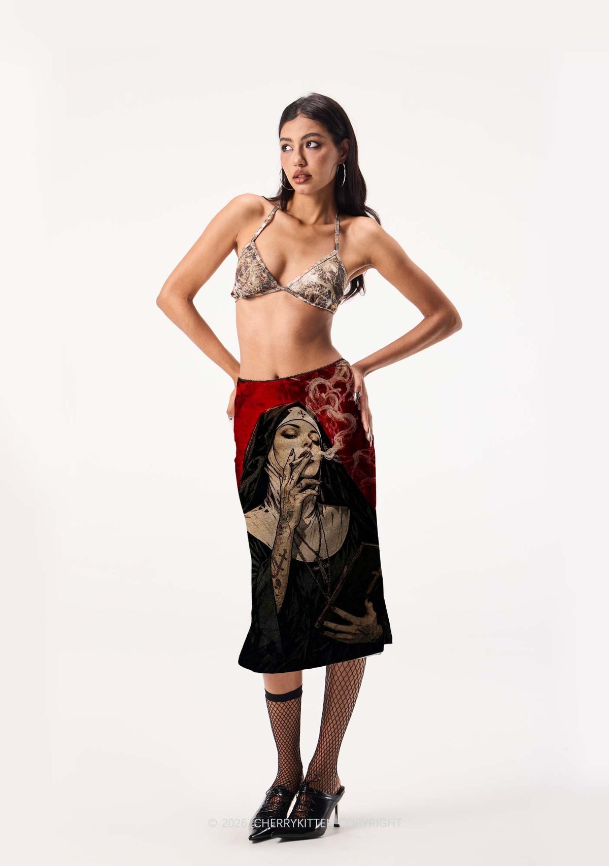 Gothic Tattoos Nun Y2K Print Midi Skirt Cherrykitten