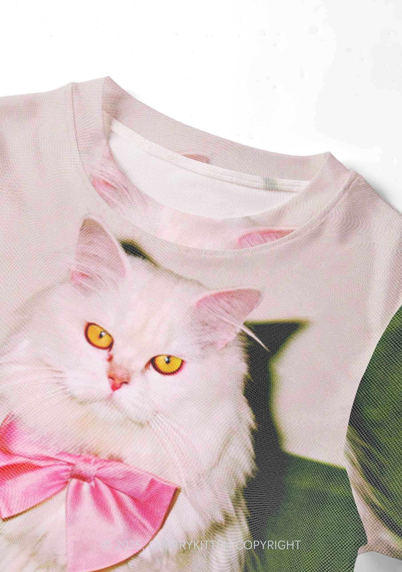 Pink Bow Cat Y2K Mesh Crop Top Cherrykitten
