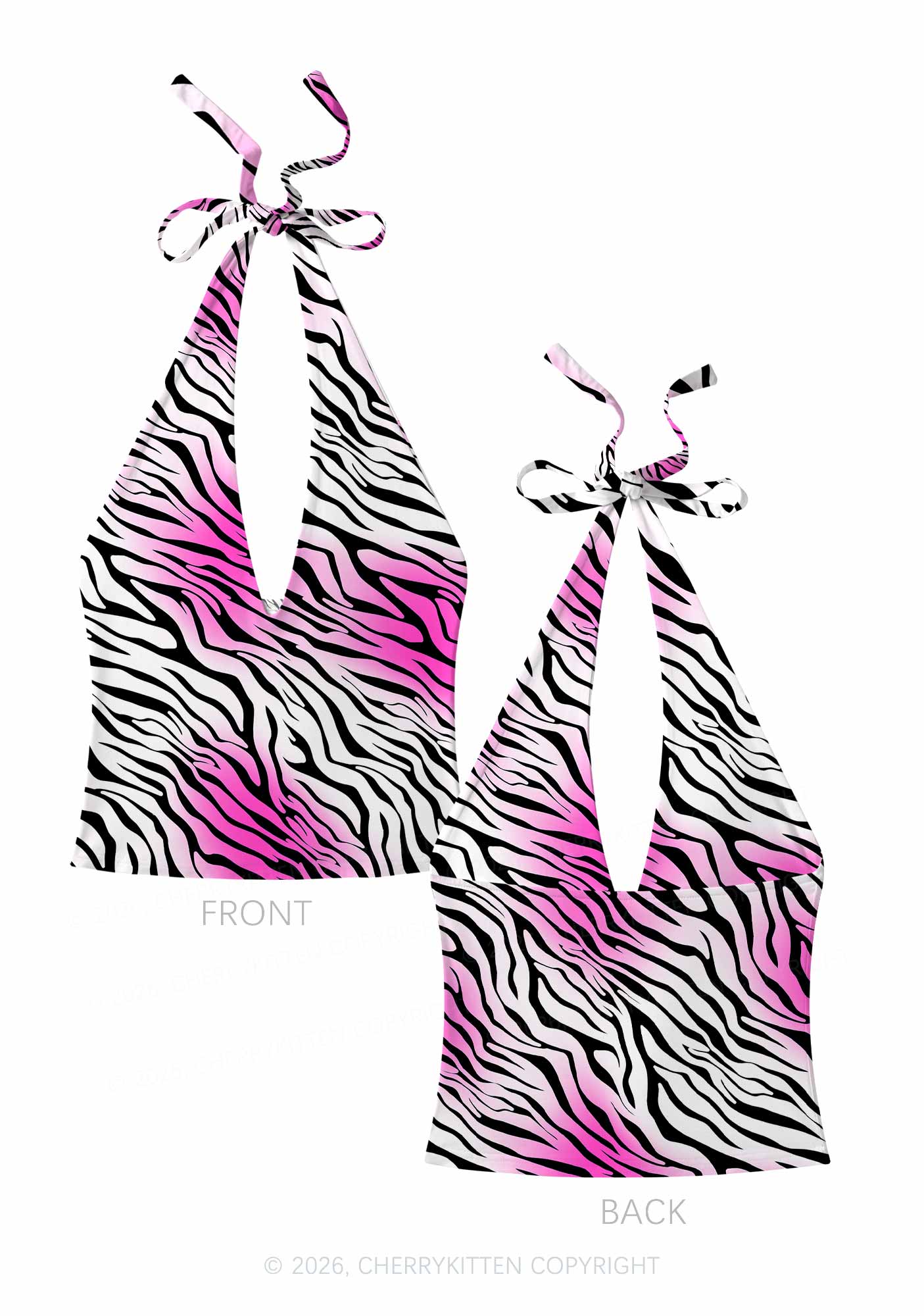 Gradient Pink Zebra Stripe Y2K Print Halter Deep V Neck Cami Cherrykitten