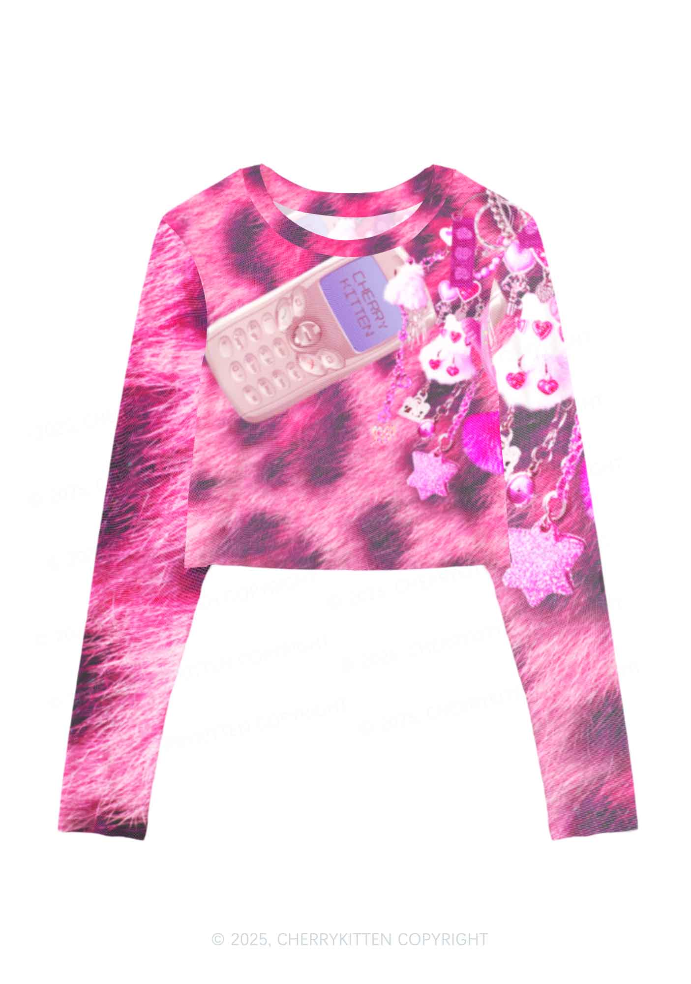 Pink Plush Phone Y2K Mesh Long Sleeve Crop Top Cherrykitten