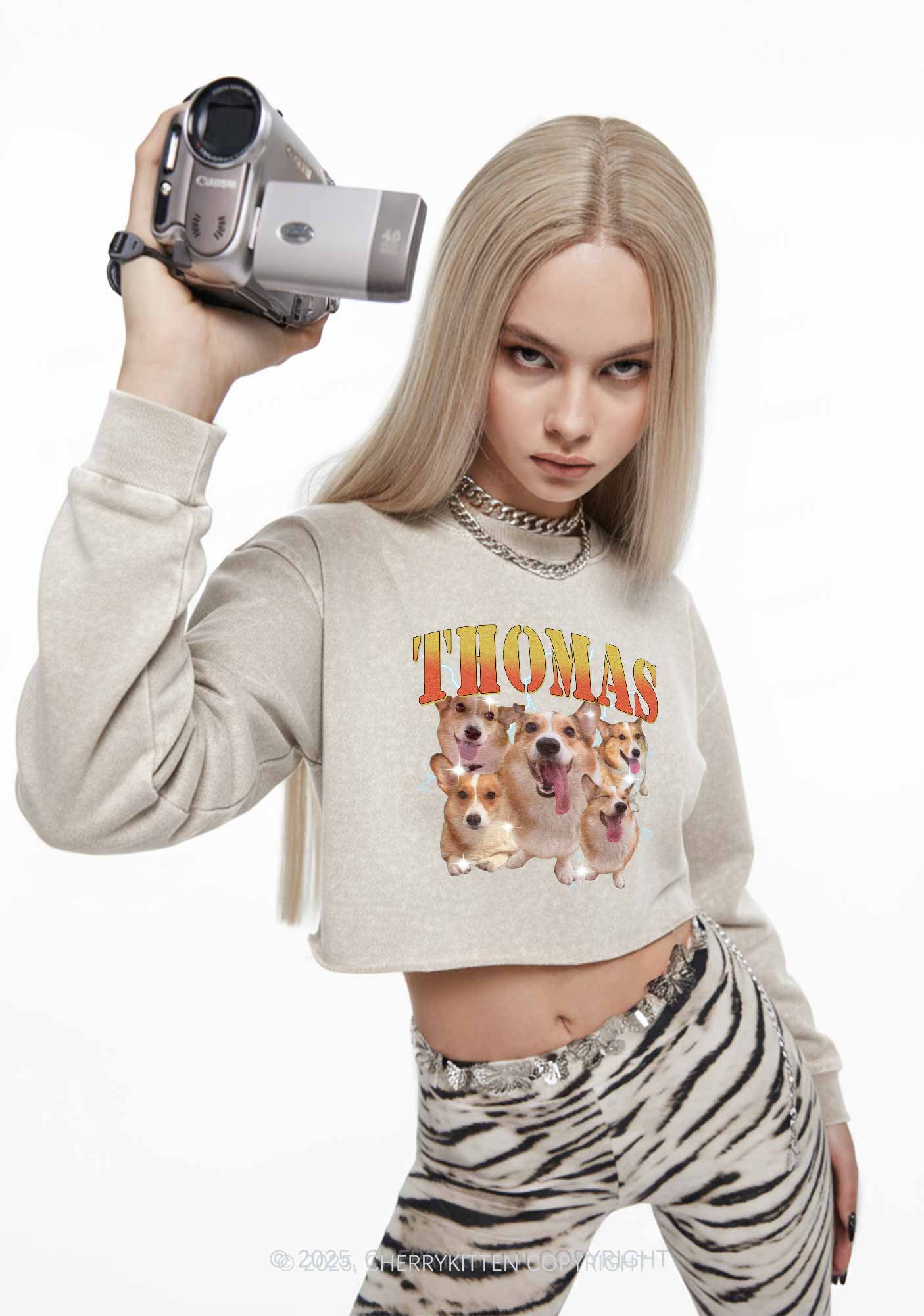 Custom Pet Photo Y2K Crop Washed Sweatshirts Cherrykitten