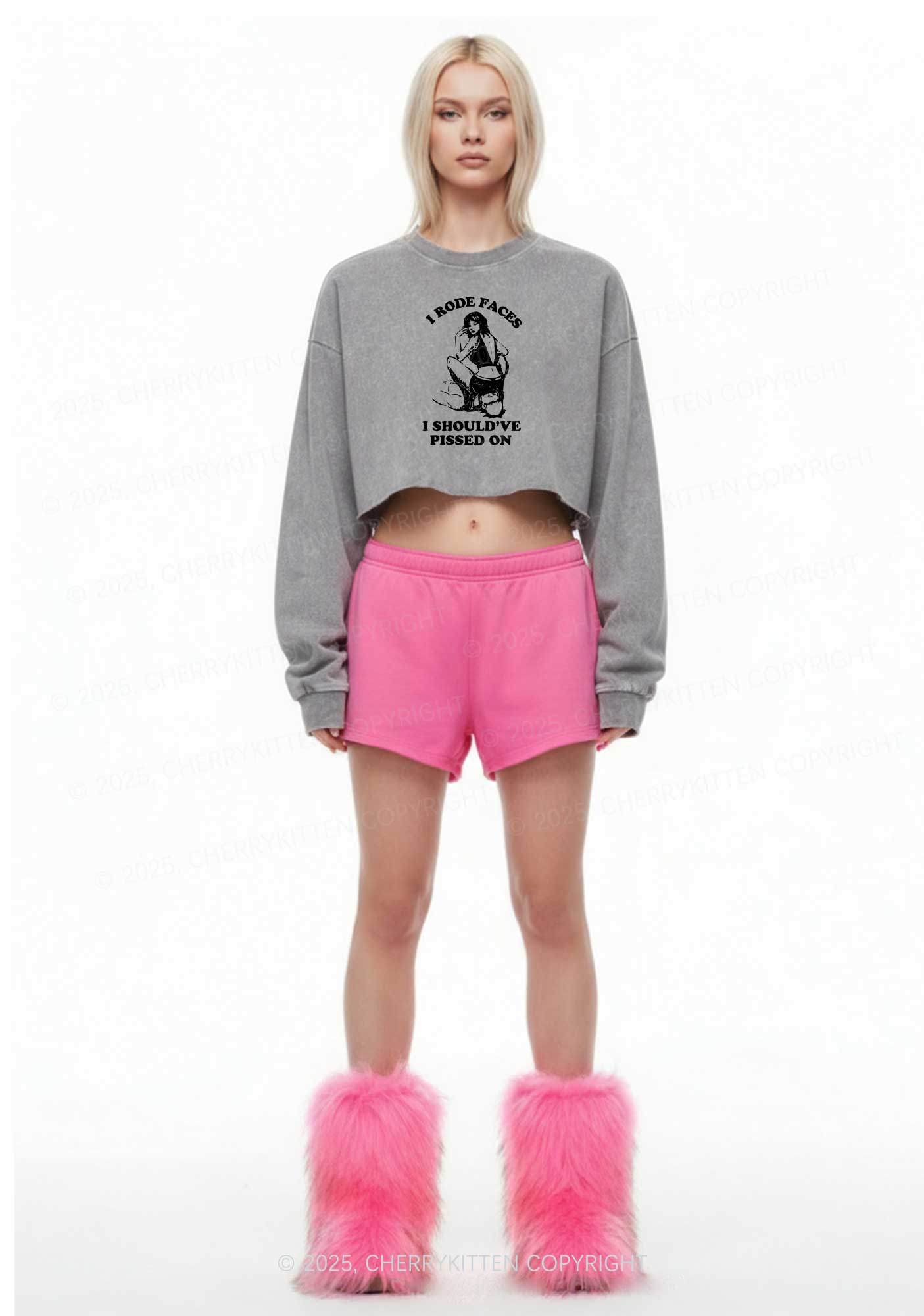 I Rode Faces Y2K Crop Washed Sweatshirts Cherrykitten