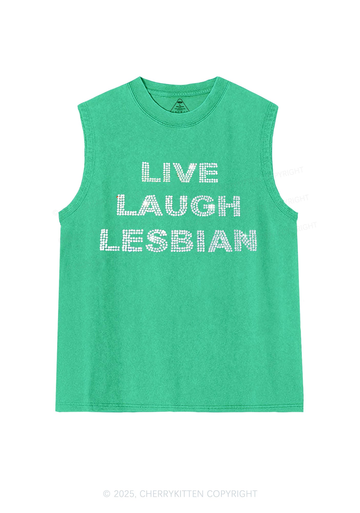 Rhinestone Live Laugh Lesbian Pride Y2K Washed Muscle Tank Cherrykitten