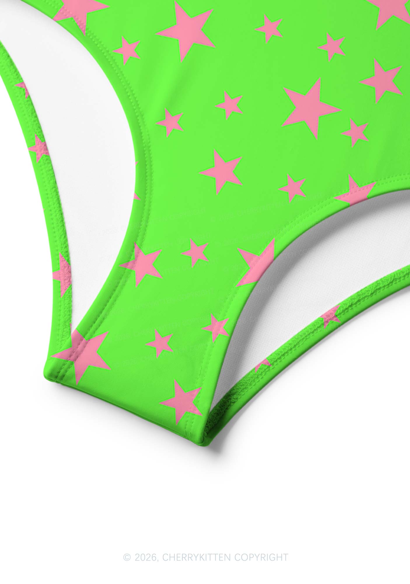 Pink Star On Green Y2K Print Bikini Set Cherrykitten