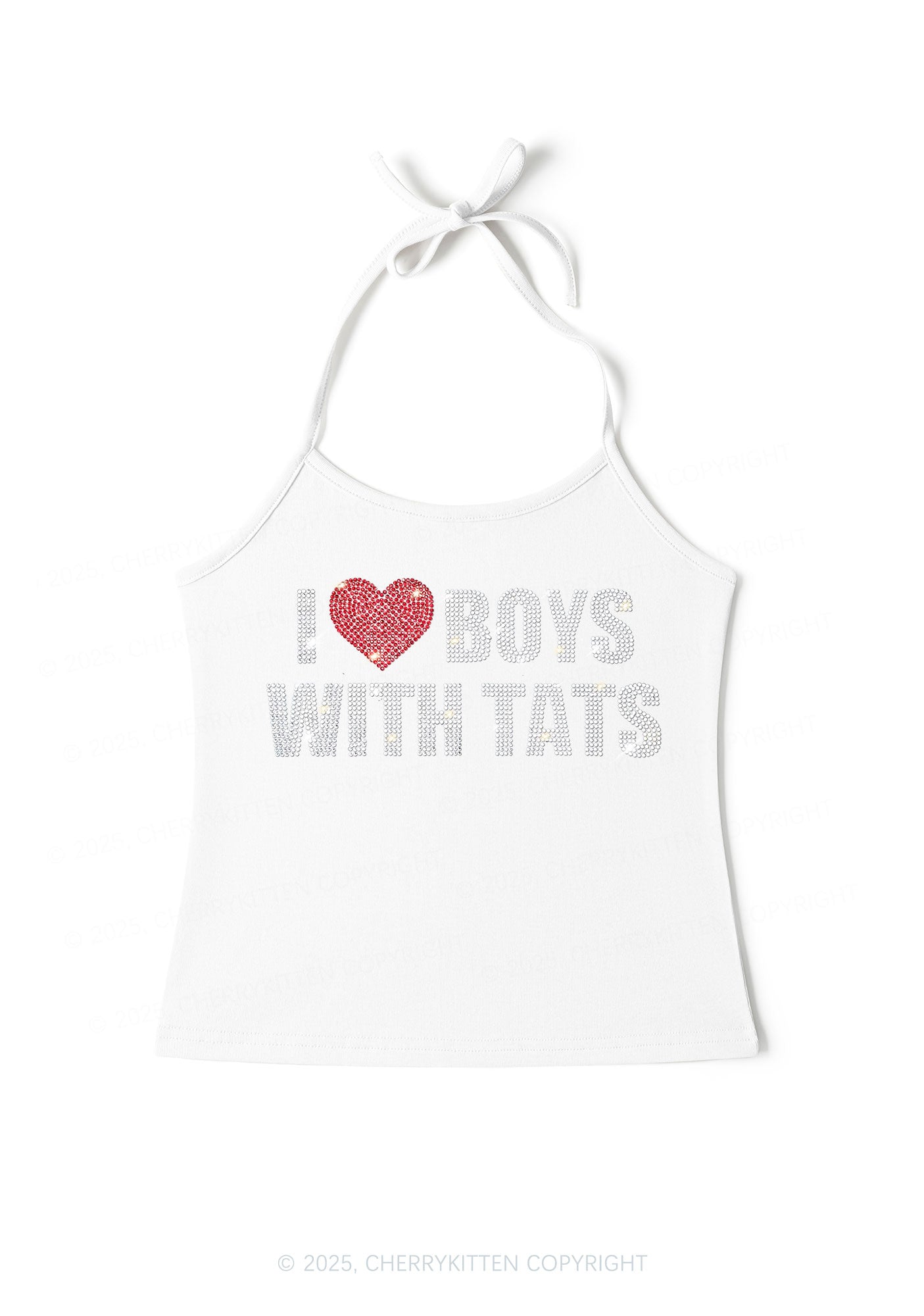 Rhinestone I Love Boys With Tats Y2K Halter Neck Cami Cherrykitten