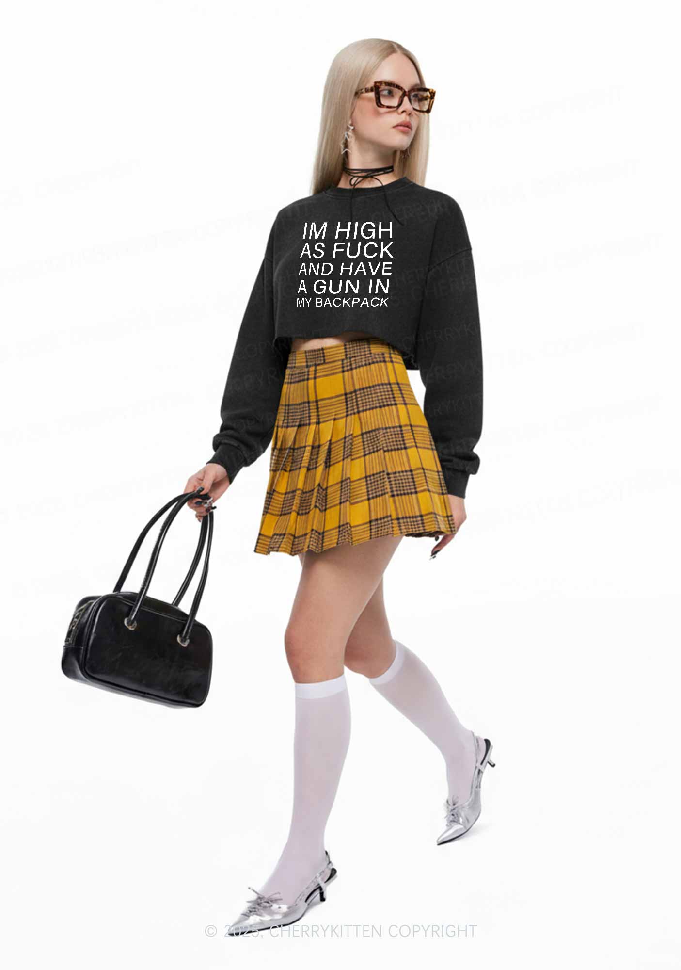 Im High Y2K Crop Washed Sweatshirts Cherrykitten