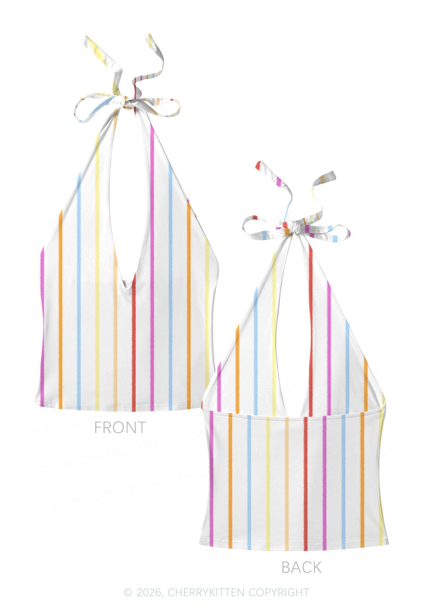 Rainbow Stripe On White Y2K Print Halter Deep V Neck Cami Cherrykitten