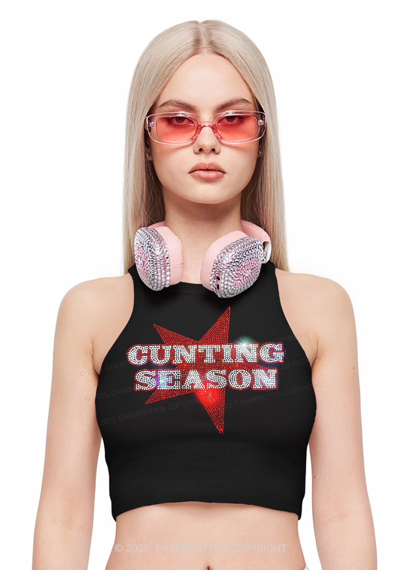 Rhinestone Cunting Season Y2K Crop Tank Top Cherrykitten