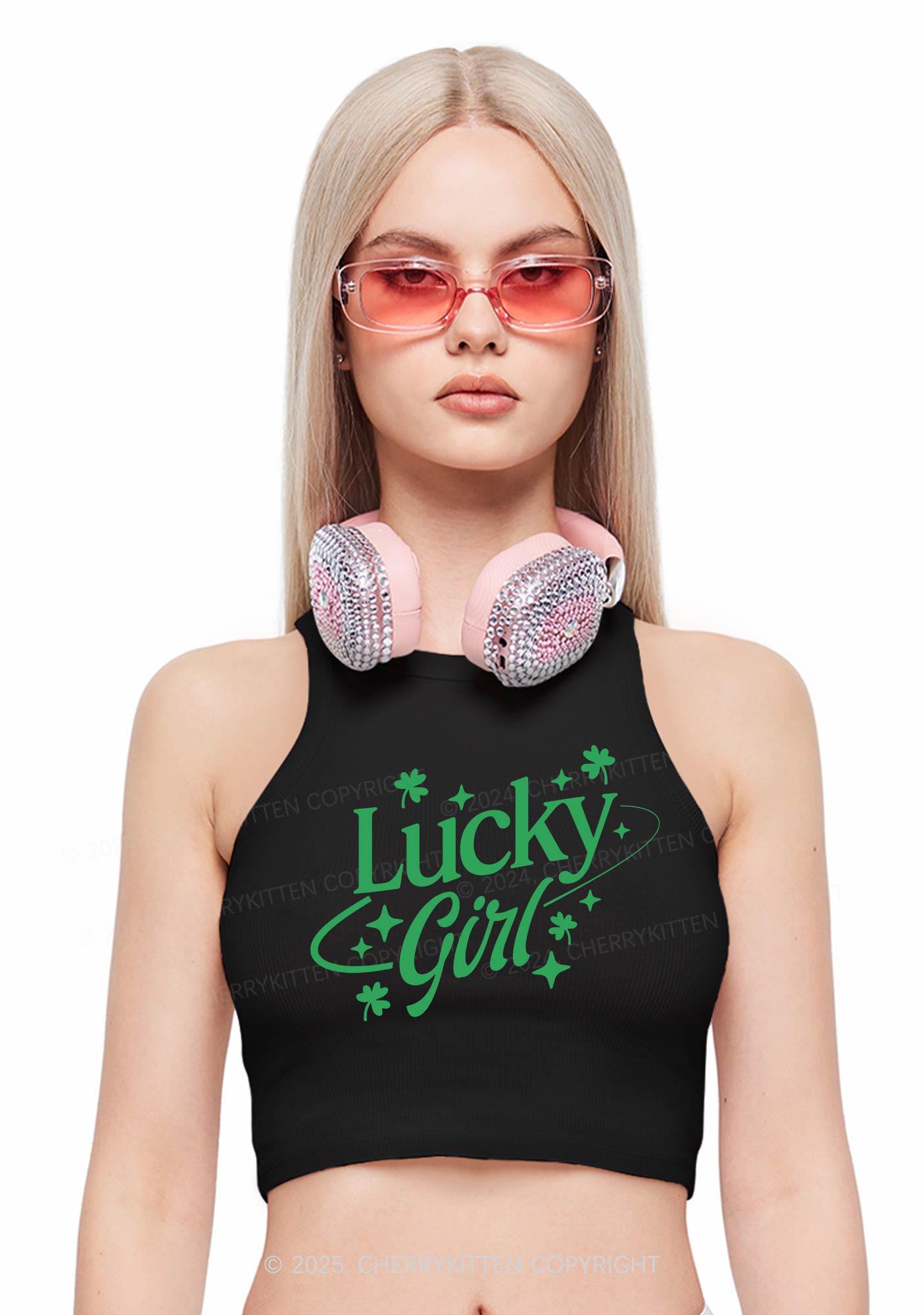 Lucky Girl Star St Patricks Y2K Crop Tank Top Cherrykitten