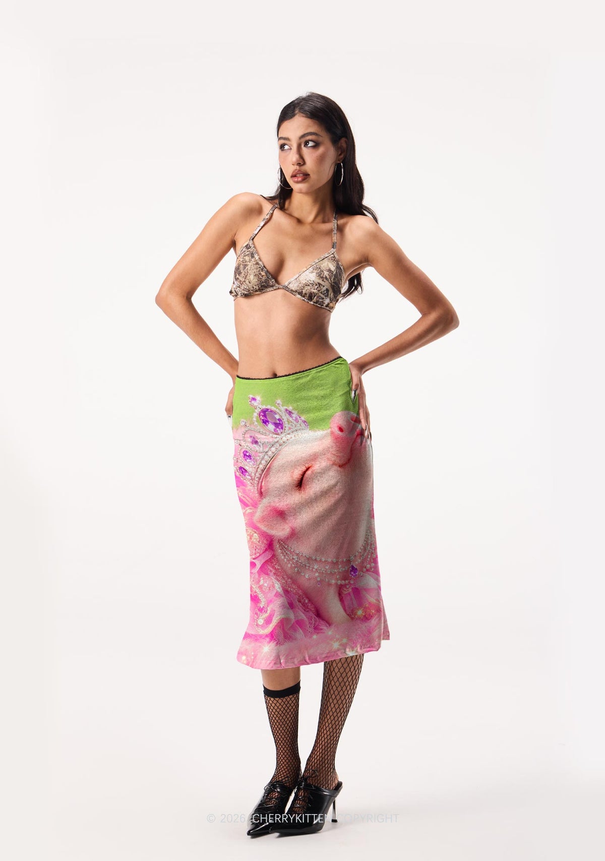 Pink Princess Piglet Y2K Print Midi Skirt Cherrykitten