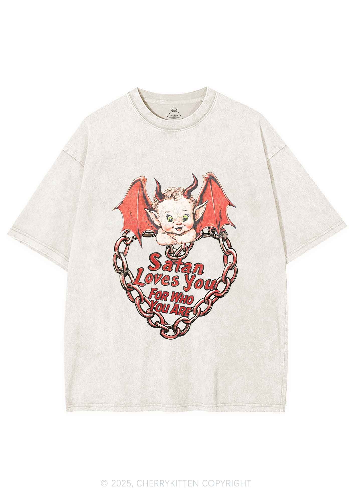 Satan Loves You Y2K Shirts Washed Tee Cherrykitten