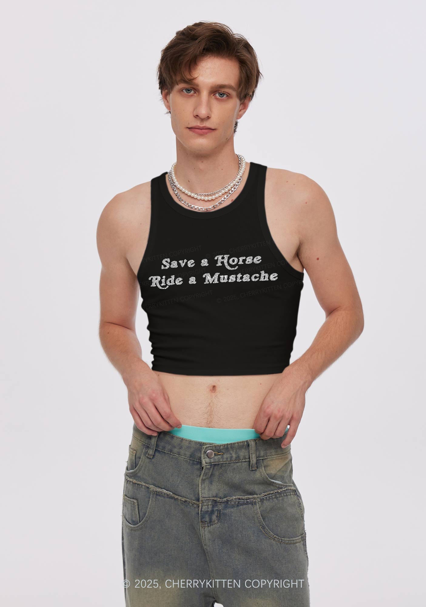 Glitter Ride A Mustache Y2K Crop Tank Top Cherrykitten