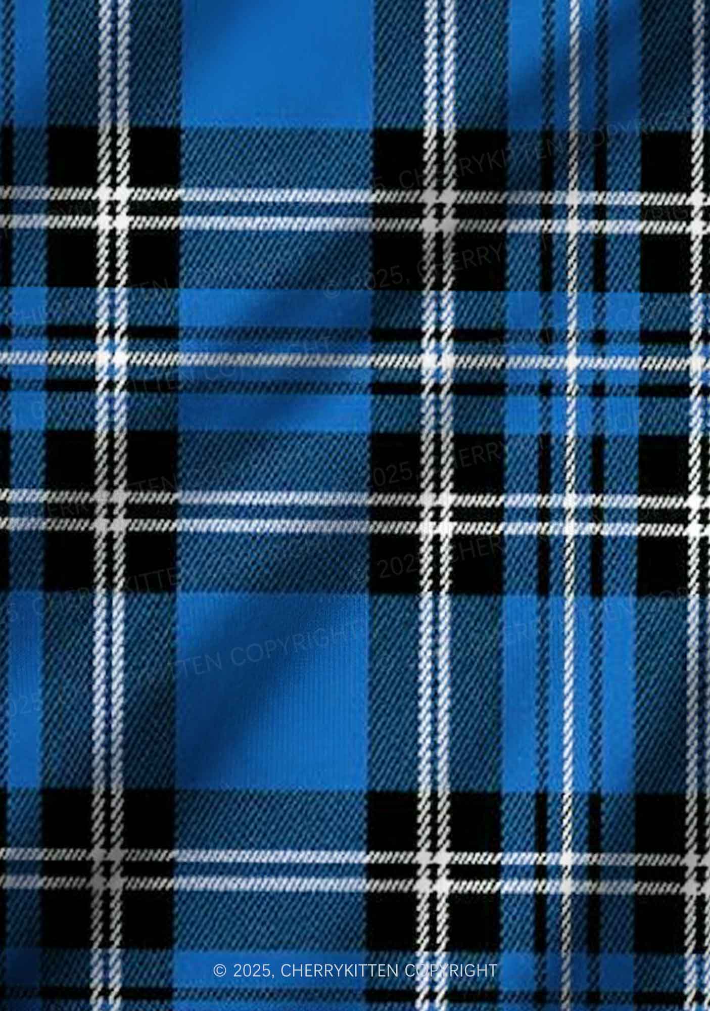Blue Plaid Y2K Print Long Sleeve Pajama Set Cherrykitten