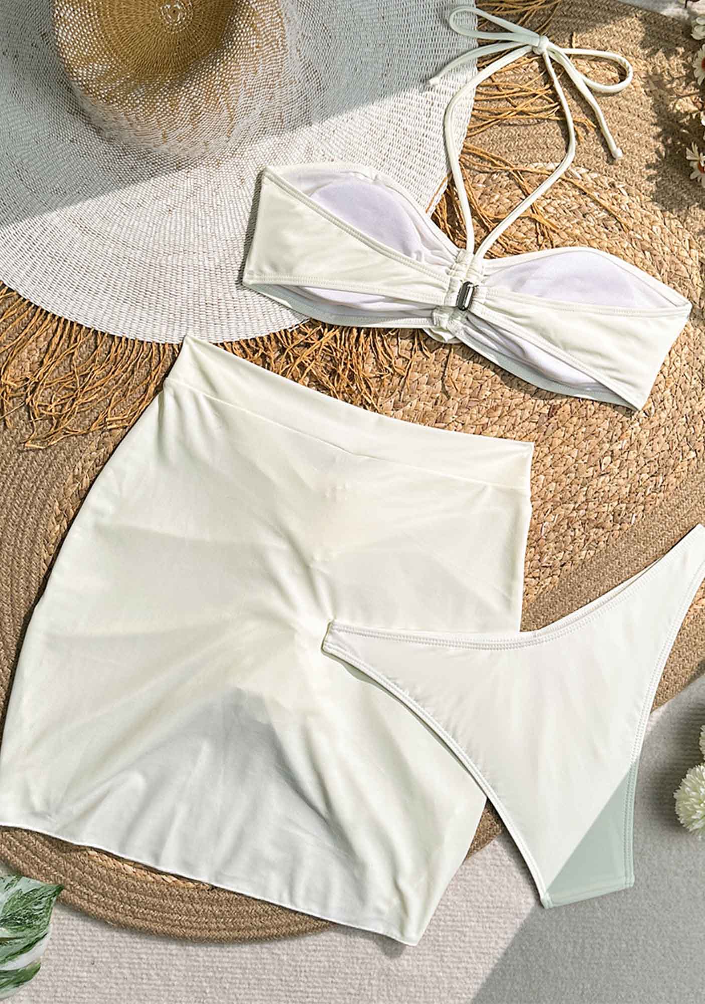 White Flower Halter Three piece Y2K Bikini Set Cherrykitten