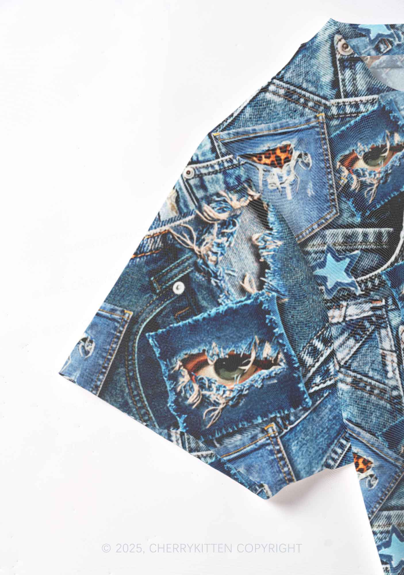 Denim Patchwork Y2K Mesh Crop Top Cherrykitten