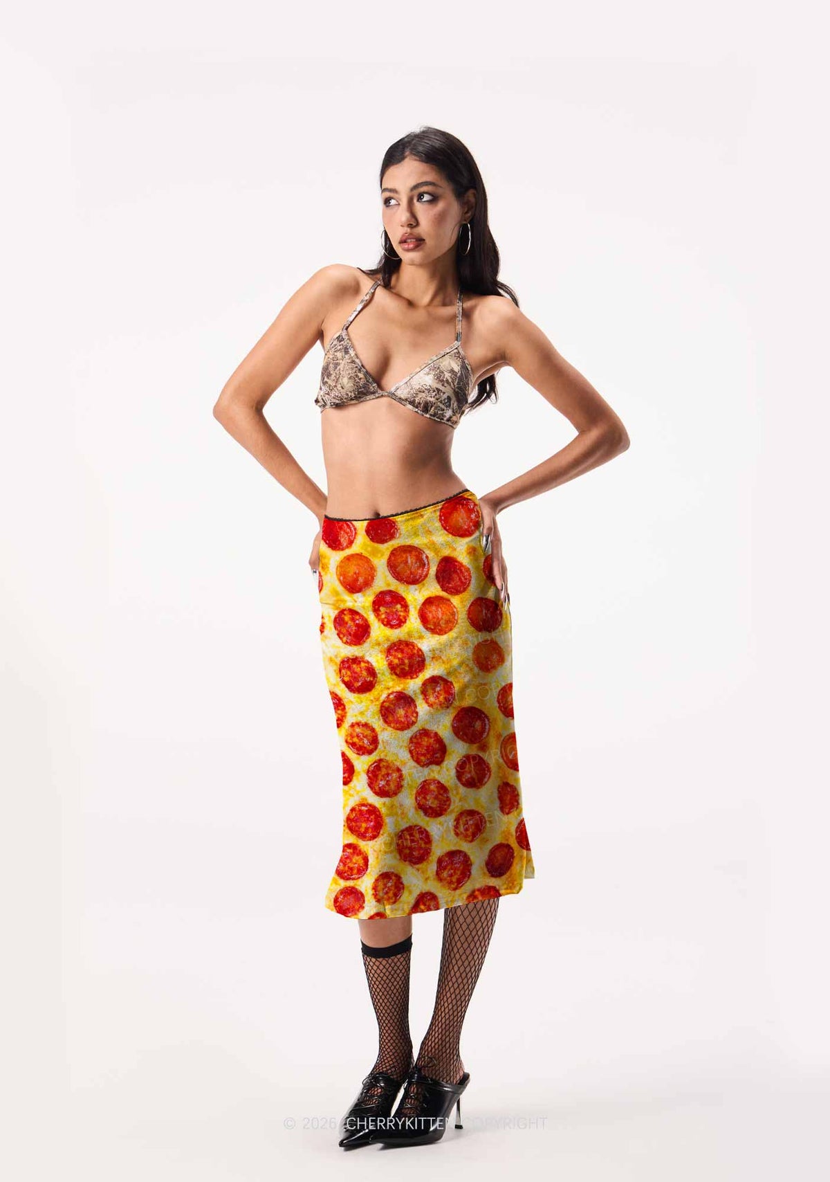 Sausage Pizza Y2K Print Midi Skirt Cherrykitten
