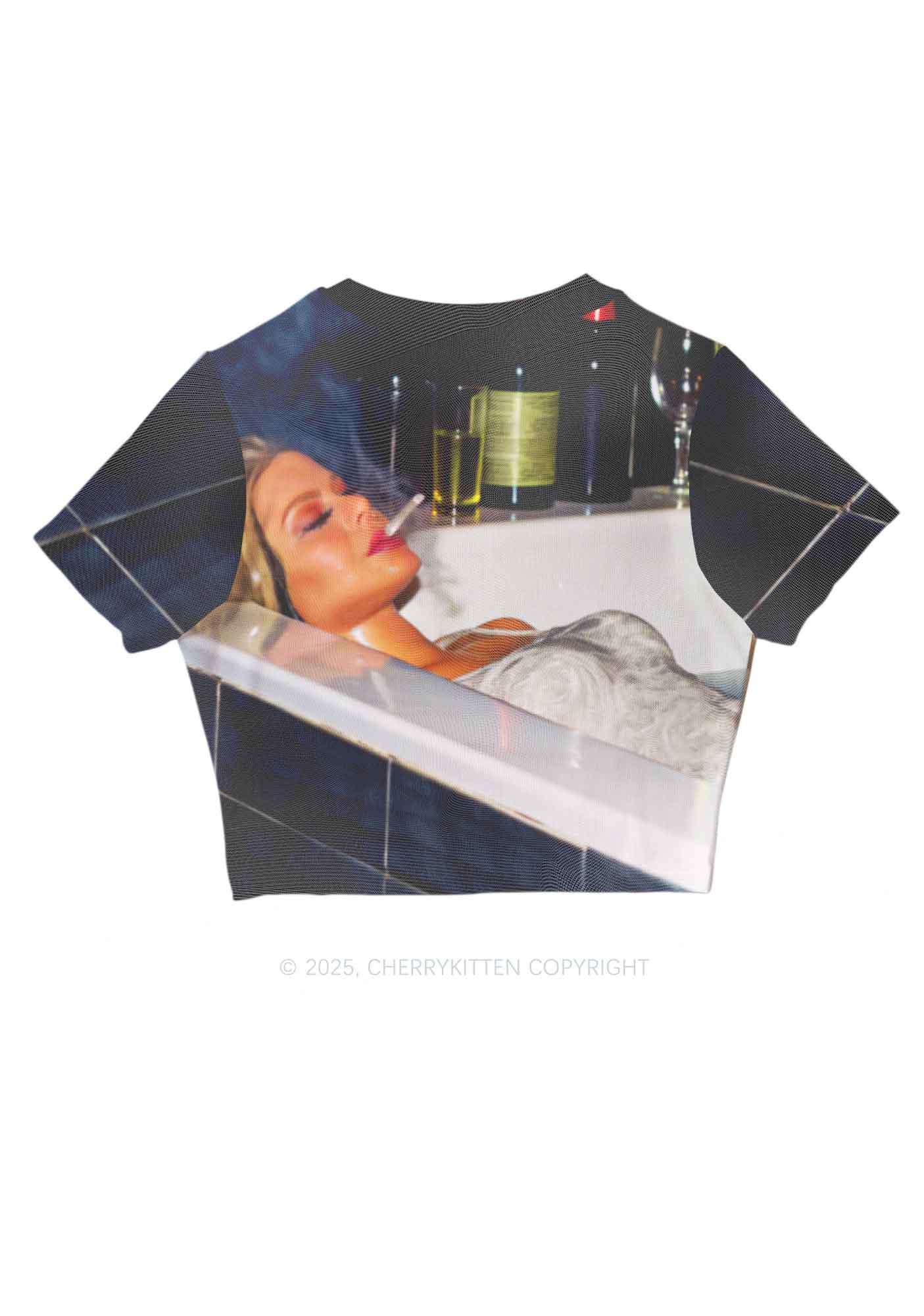 Smoking Woman Y2K Mesh Crop Top Cherrykitten