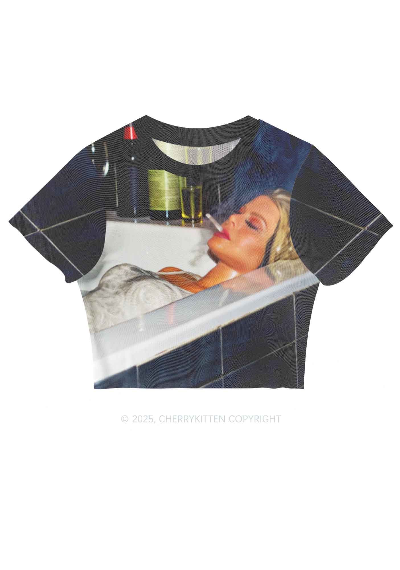 Smoking Woman Y2K Mesh Crop Top Cherrykitten