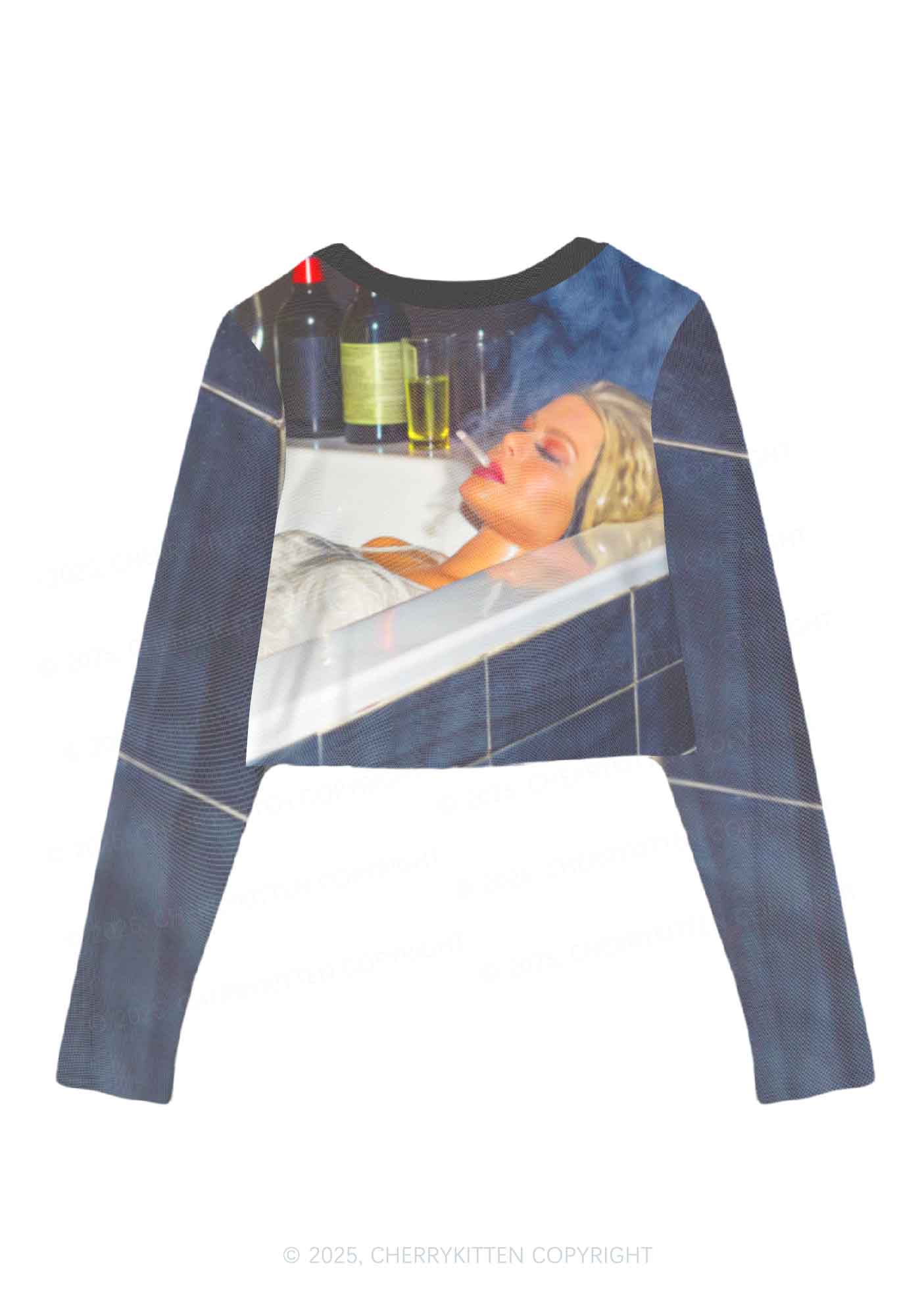 Smoking Woman Y2K Mesh Long Sleeve Crop Top Cherrykitten