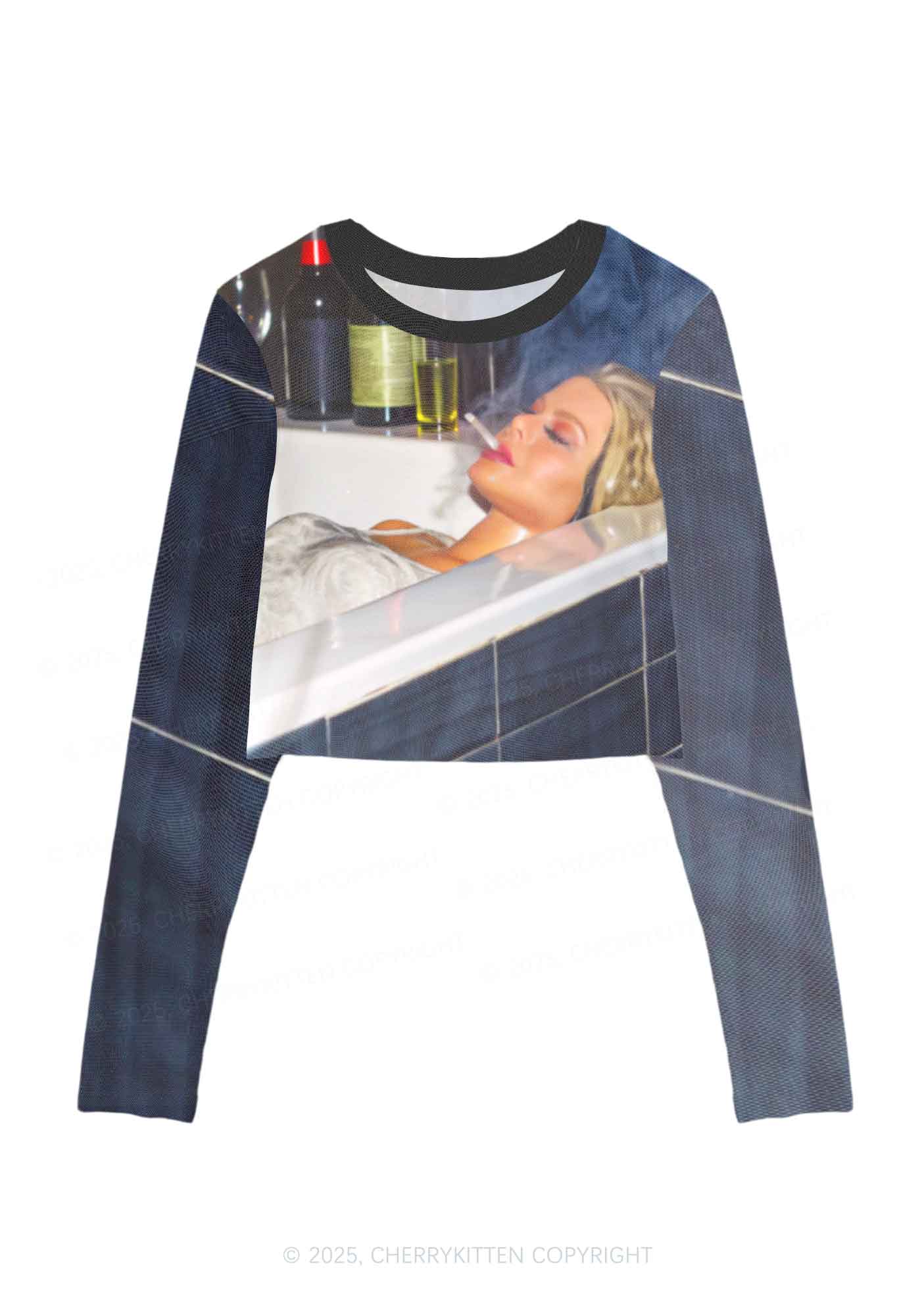 Smoking Woman Y2K Mesh Long Sleeve Crop Top Cherrykitten