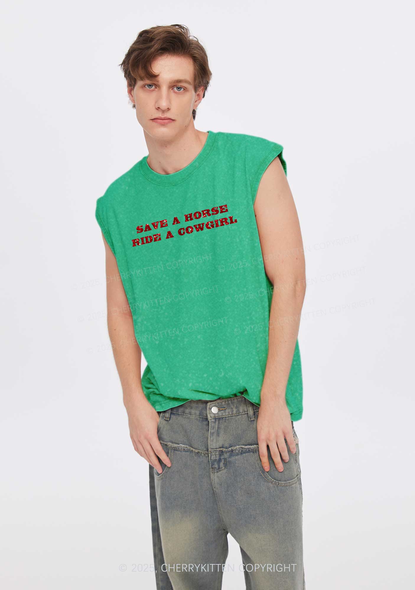Glitter Save A Horse Ride A Cowgirl Y2K Washed Muscle Tank Cherrykitten