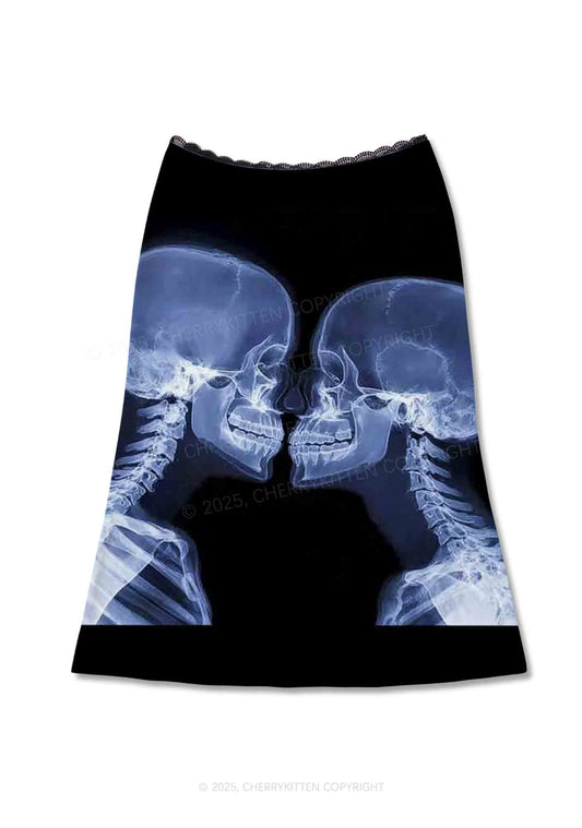 X Ray Skull Kiss Y2K Print Midi Skirt Cherrykitten