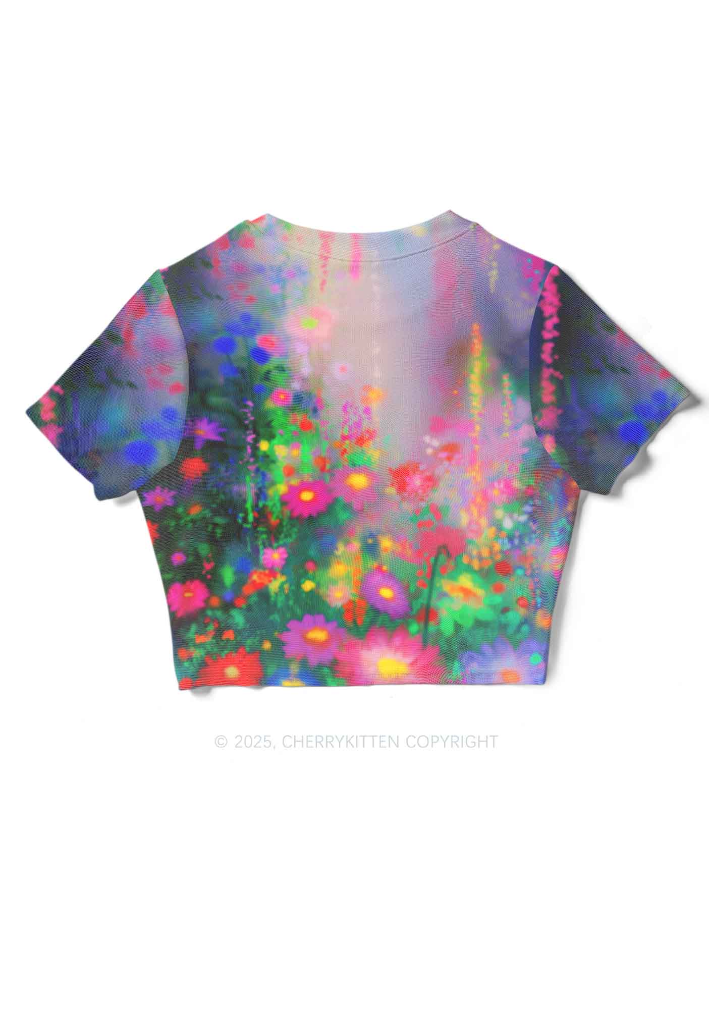 Colorful Daisies Y2K Mesh Crop Top Cherrykitten