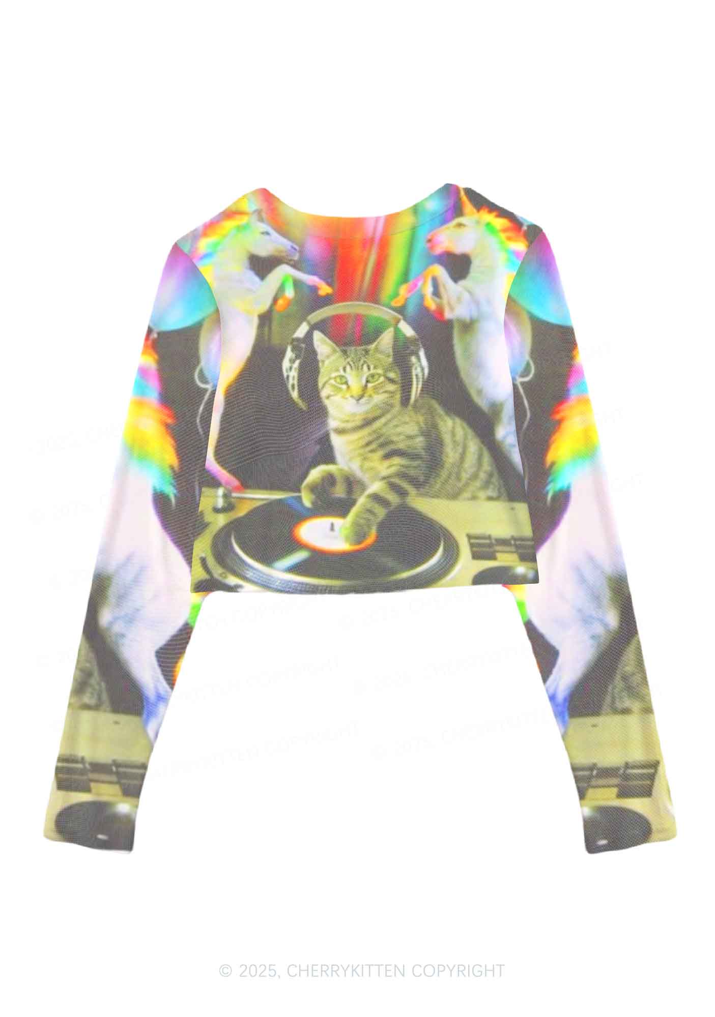DJ Cat Unicorn Y2K Mesh Long Sleeve Crop Top Cherrykitten