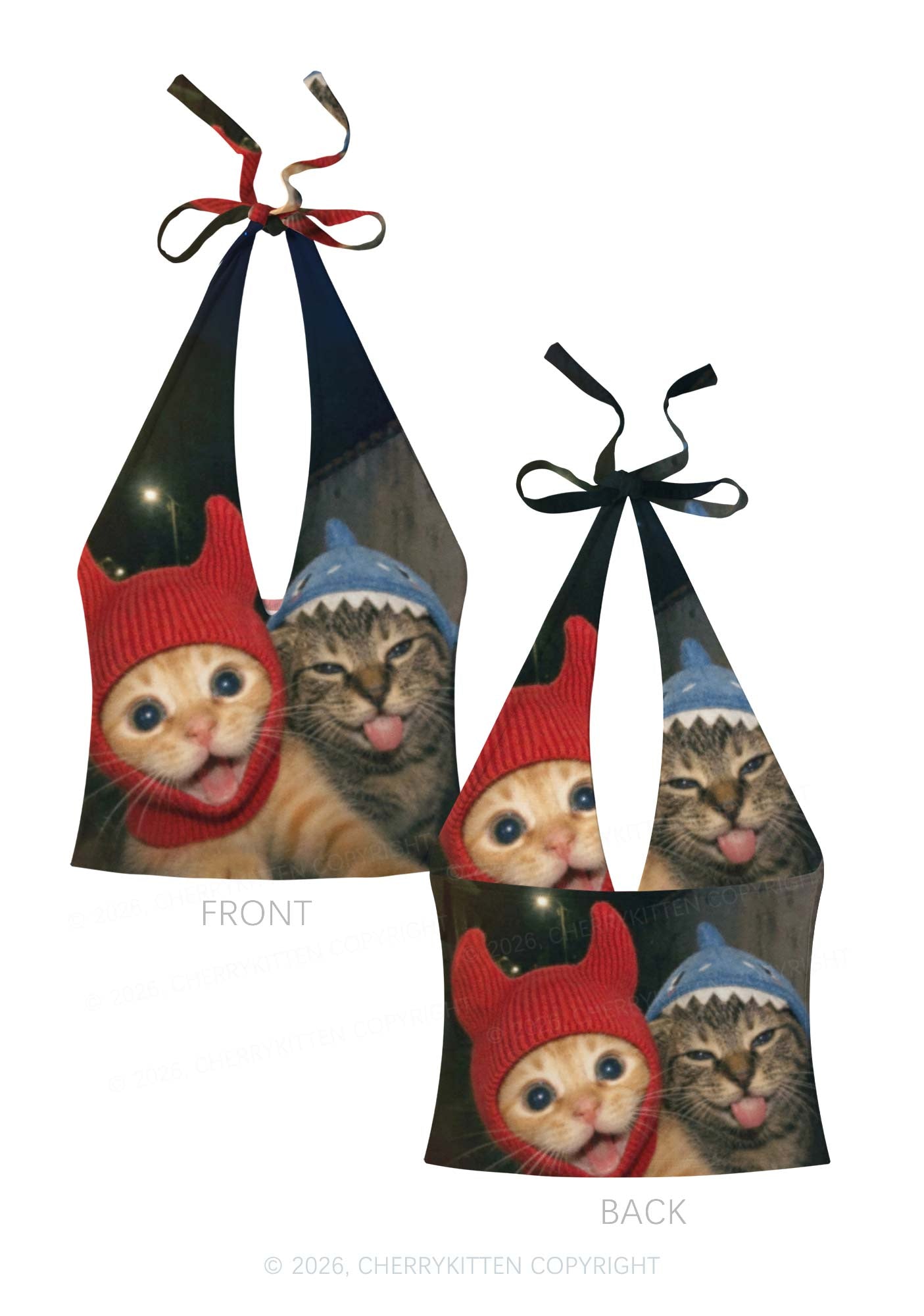 Halloween Devil Shark Hat Cat Y2K Print Halter Deep V Neck Cami Cherrykitten