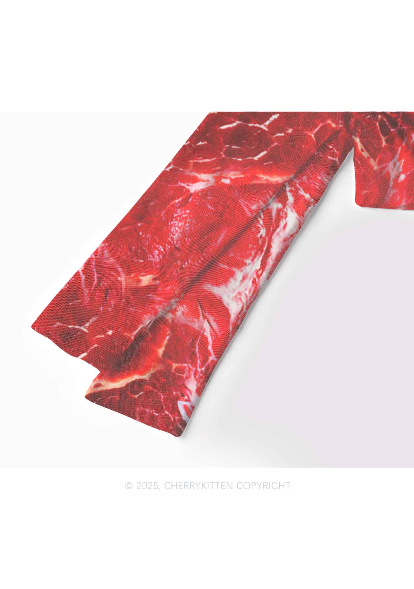 Beef Steak Texture Y2K Mesh Long Sleeve Crop Top Cherrykitten