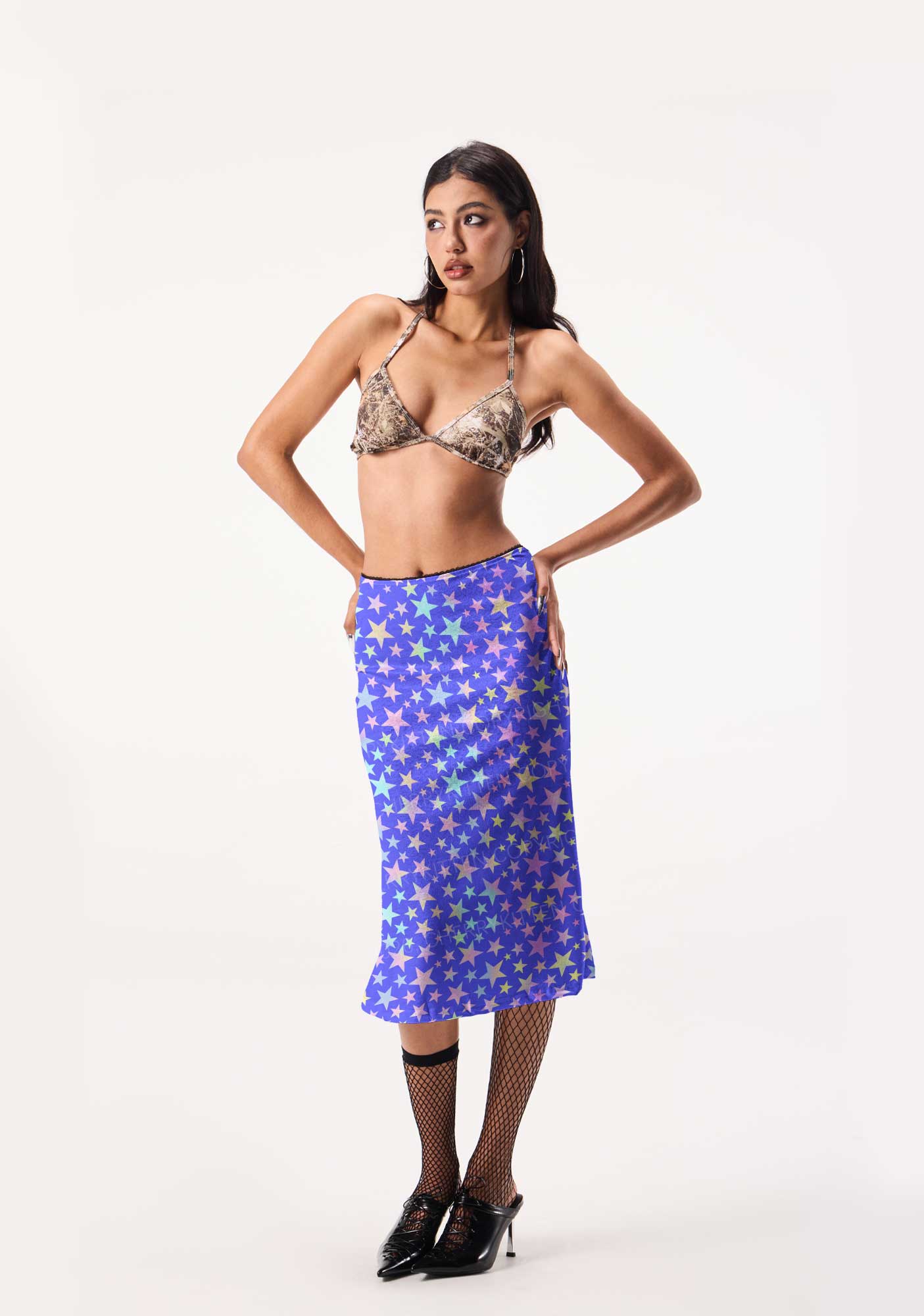 Rainbow Star On Purple Y2K Print Midi Skirt Cherrykitten