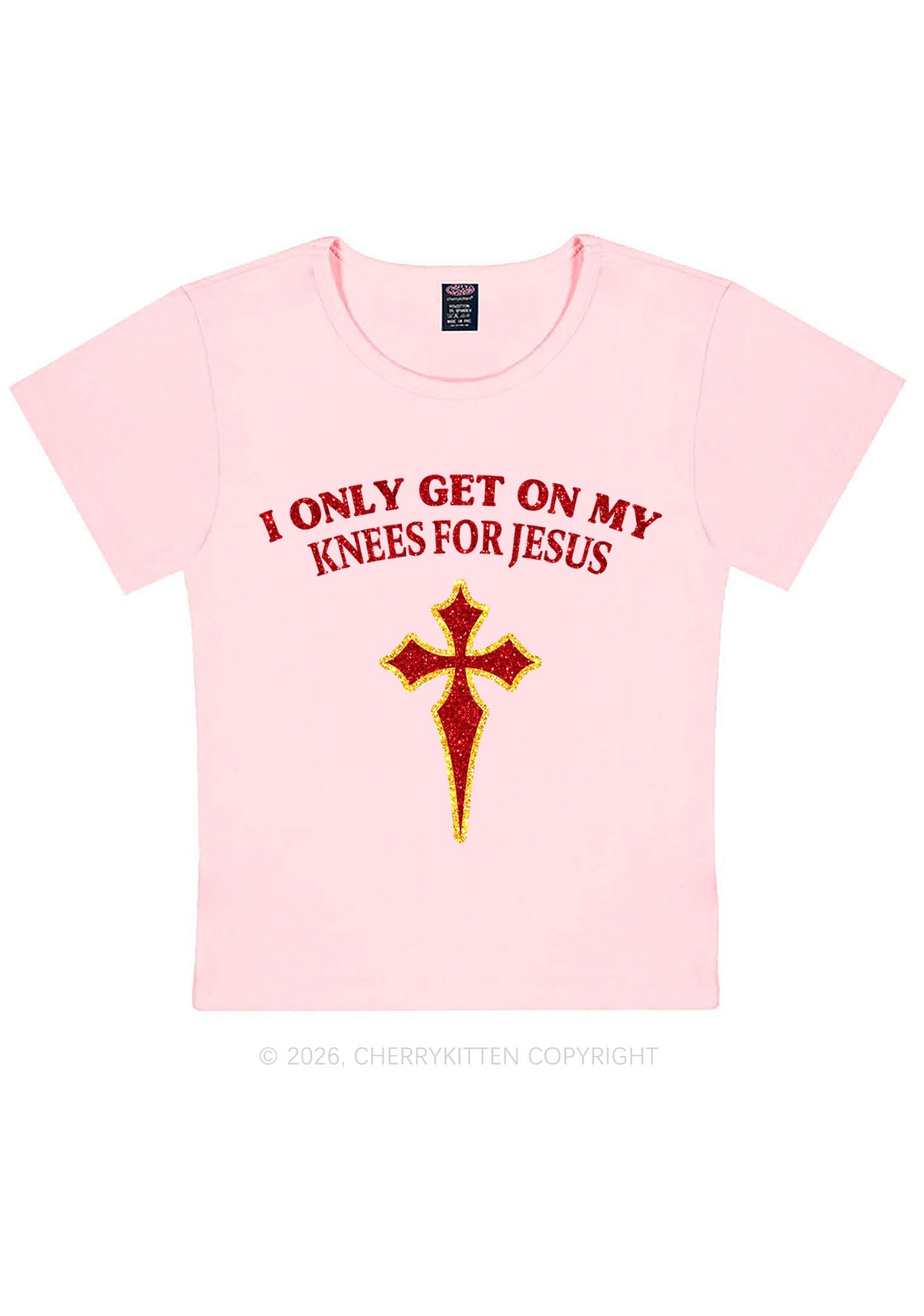 Glitter Get On My Knees For Jesus Y2K Baby Tee Cherrykitten