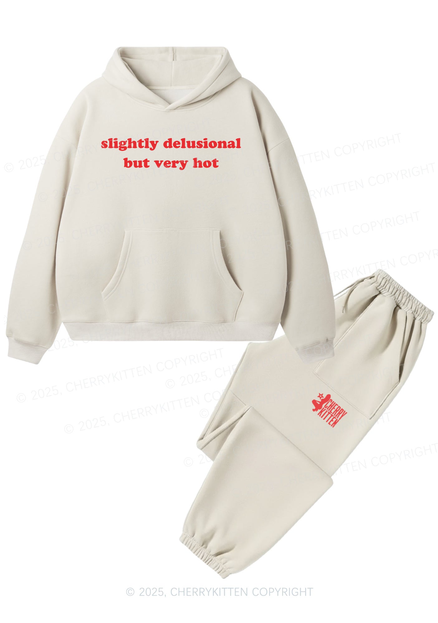 Slightly Delusional But Very Hot Y2K Fleece Hoodie Set Cherrykitten