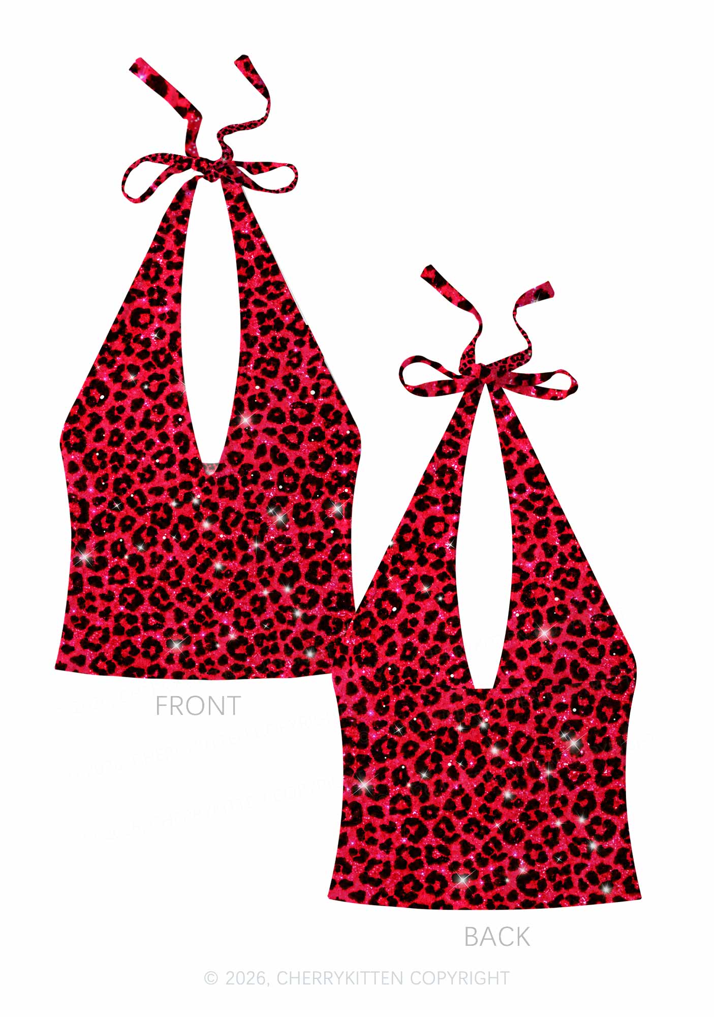 Bright Red Leopard Y2K Print Halter Deep V Neck Cami Cherrykitten
