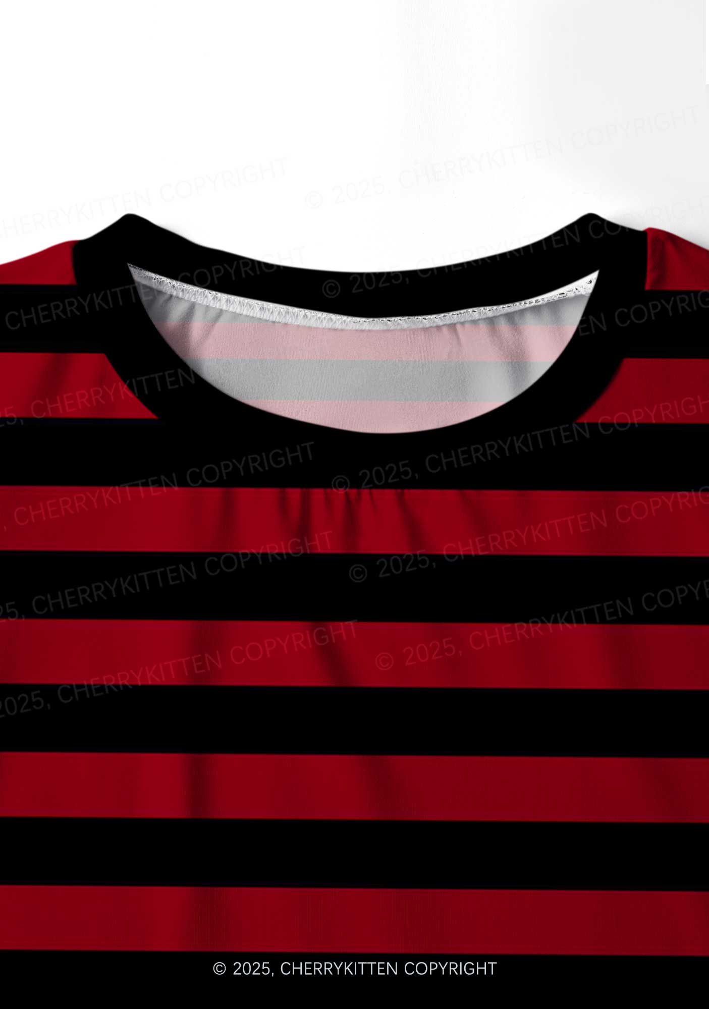 Black And Red Stripe Valentine's Day Y2K Print Long Sleeve Pajama Set Cherrykitten