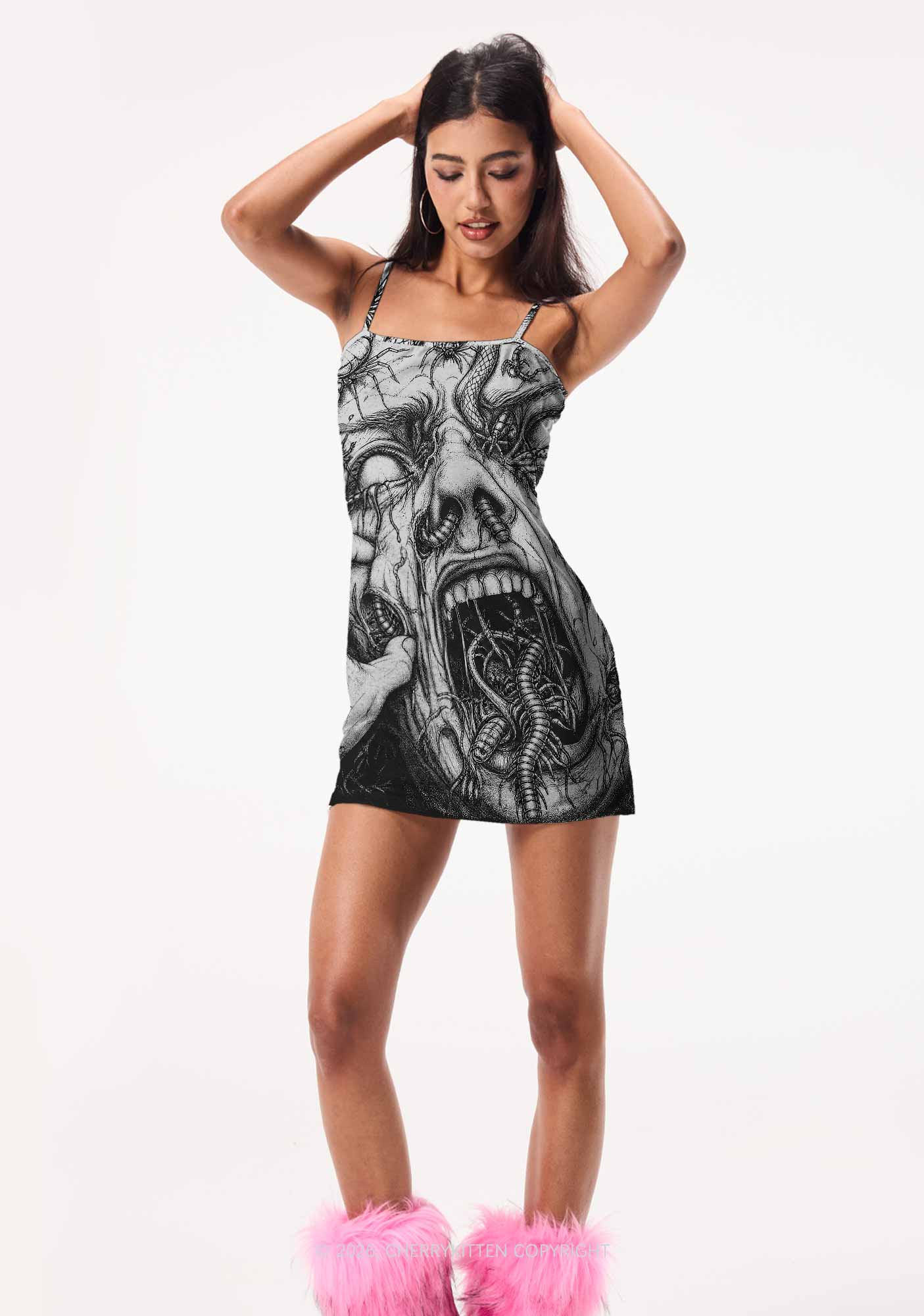 Halloween Insect On Face Y2K Print Slip Dress Cherrykitten