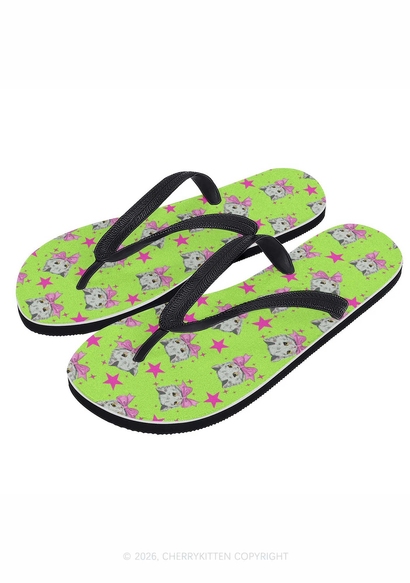 Pink Bow Cats Star Y2K Print Flip Flops Cherrykitten