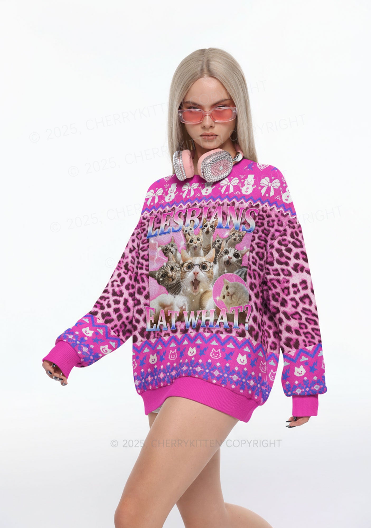 Lesbians Eat What Cat Pride Y2K Christmas Knit Sweatshirt Cherrykitten